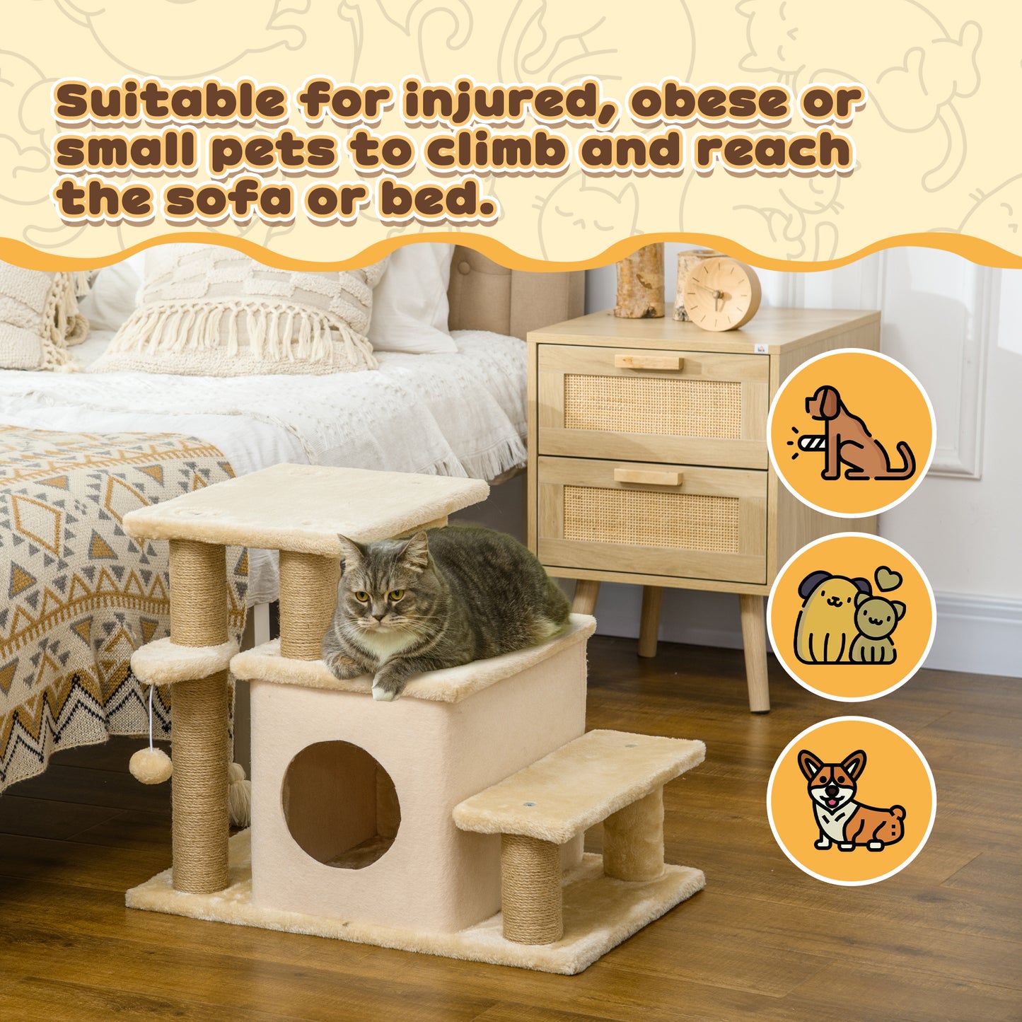 PawHut Adjustable Pet Stairs with Cozy Condo and Playful Hanging Ball - Beige