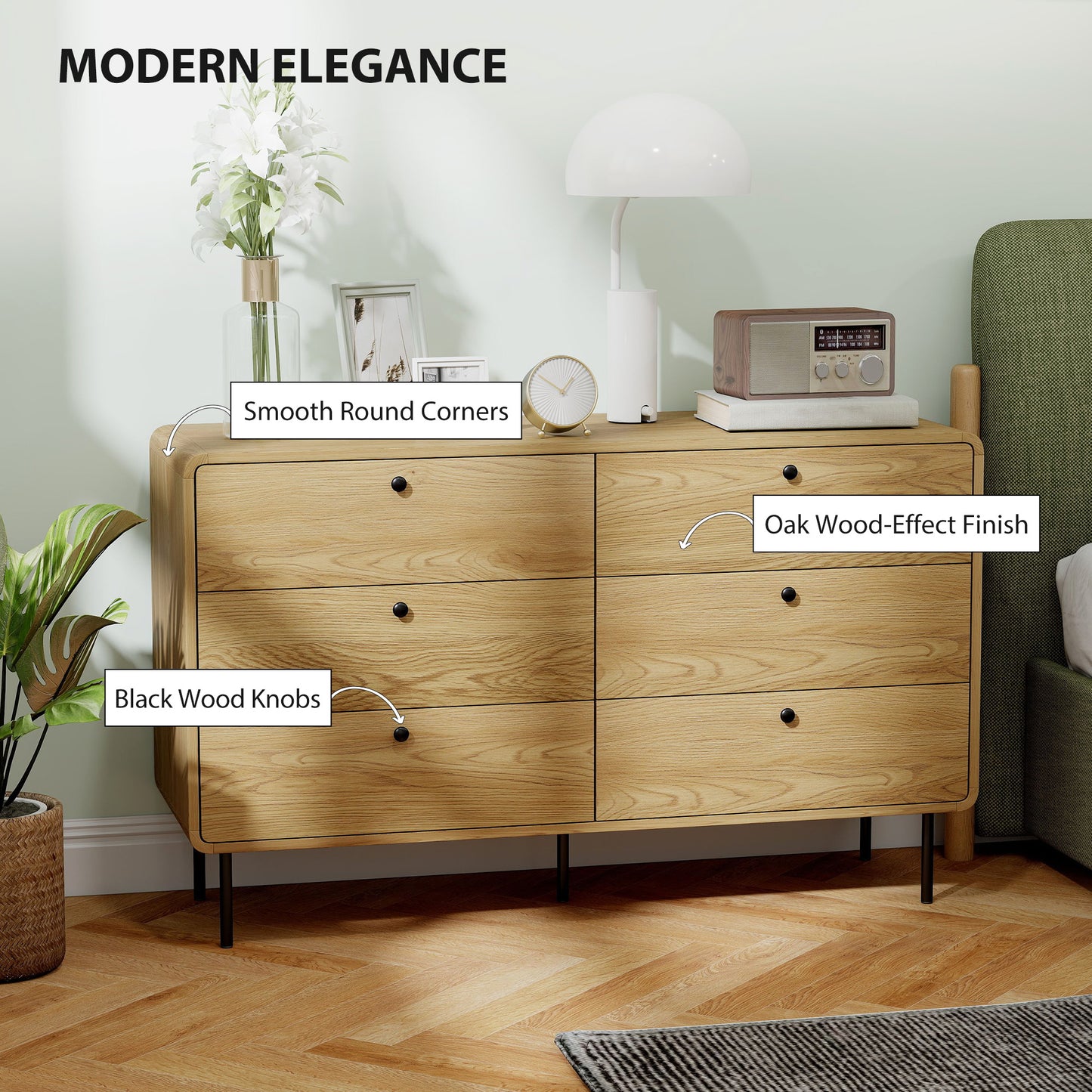 HOMCOM Chest of Drawers Six Drawer Dresser Oak Finish Modern Rounded Edges Safe Family Furniture