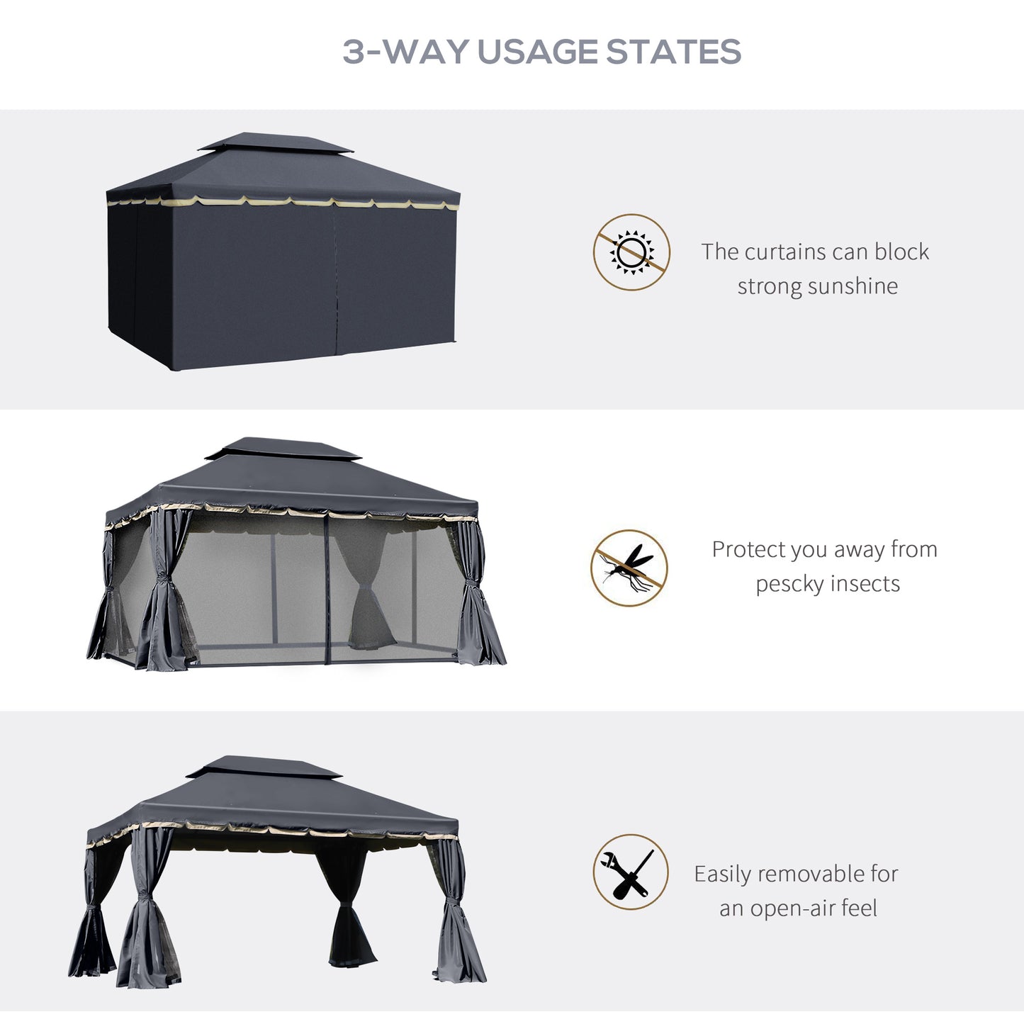 Outsunny 3 x 4m Aluminium GardenÂ Gazebo, Marquee Canopy Shelter Pavilion Party Tent with Nets and Curtains for Garden and Deck, Black