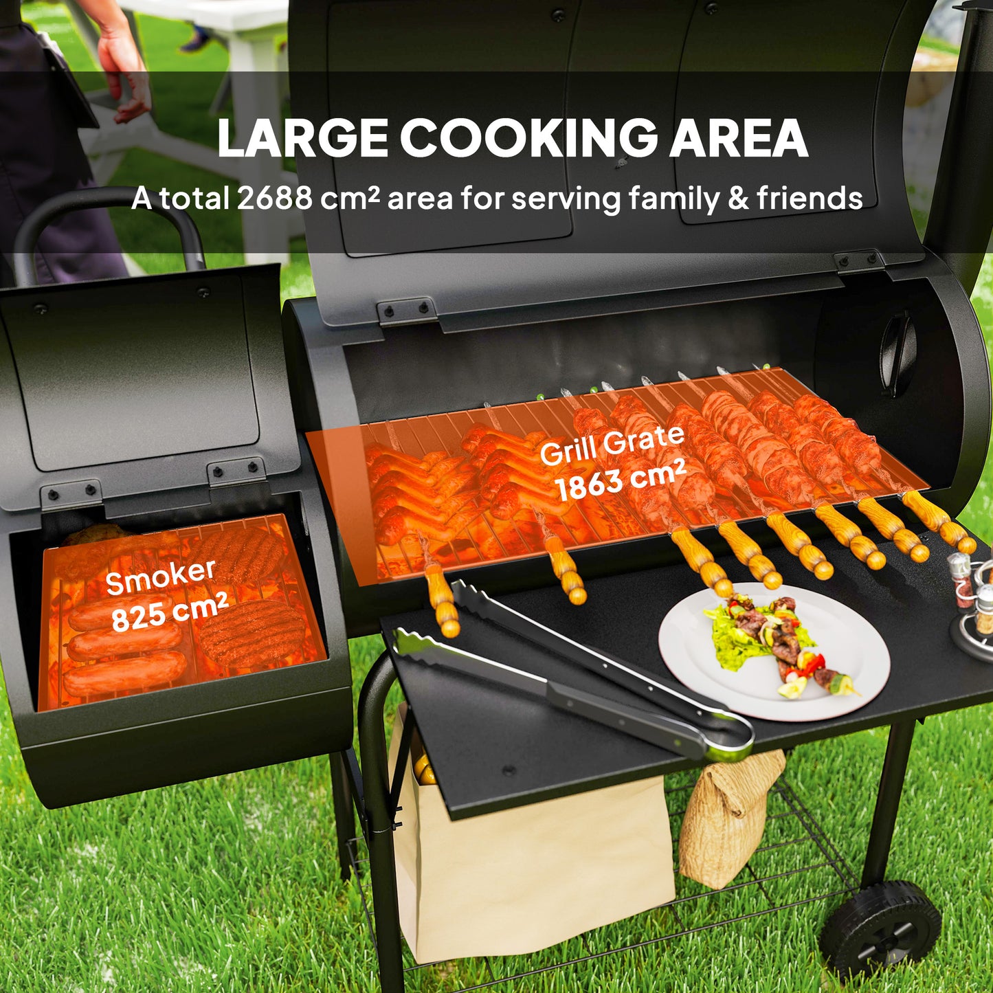 Outsunny Portable Charcoal Barbecue Grill With Offset Smoker 109 By 60 By 120 Cm Black Outdoor