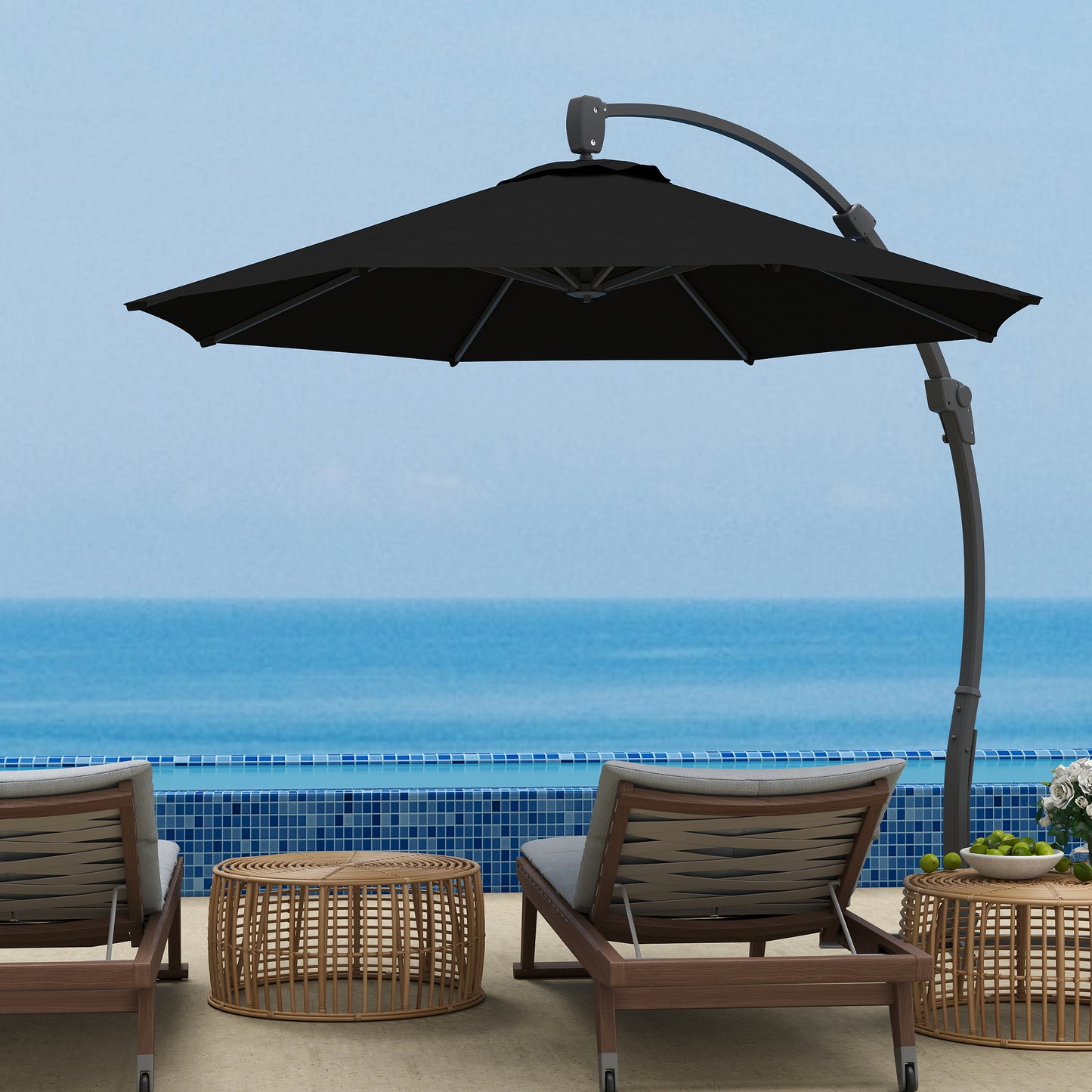 Outsunny 3m Cantilever Parasol Round Overhang Umbrella With Crank Handle Base Aluminum Frame 360Rotation Banana Black