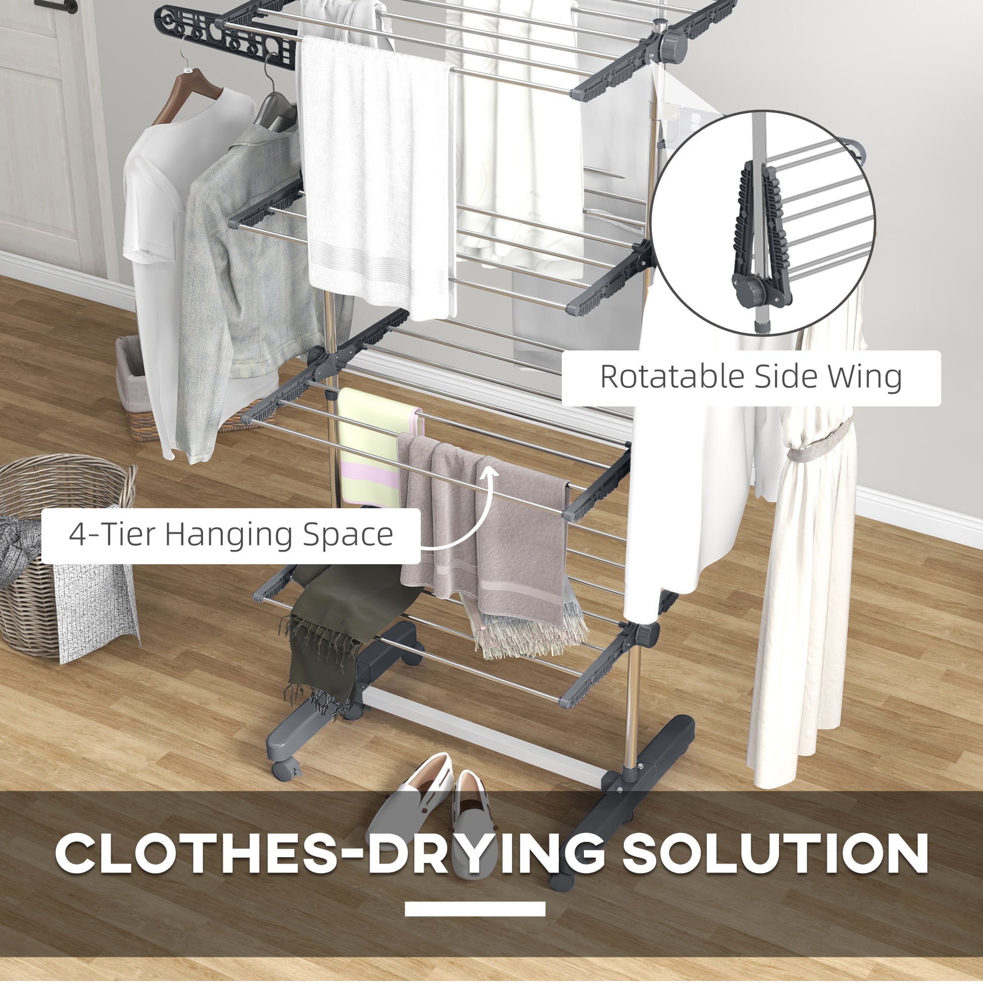 HOMCOM Foldable 4-Tier Clothes Drying Rack with Wheels & Adjustable Wings - Stainless Steel Laundry Airer - ALL4U RETAILER LTD