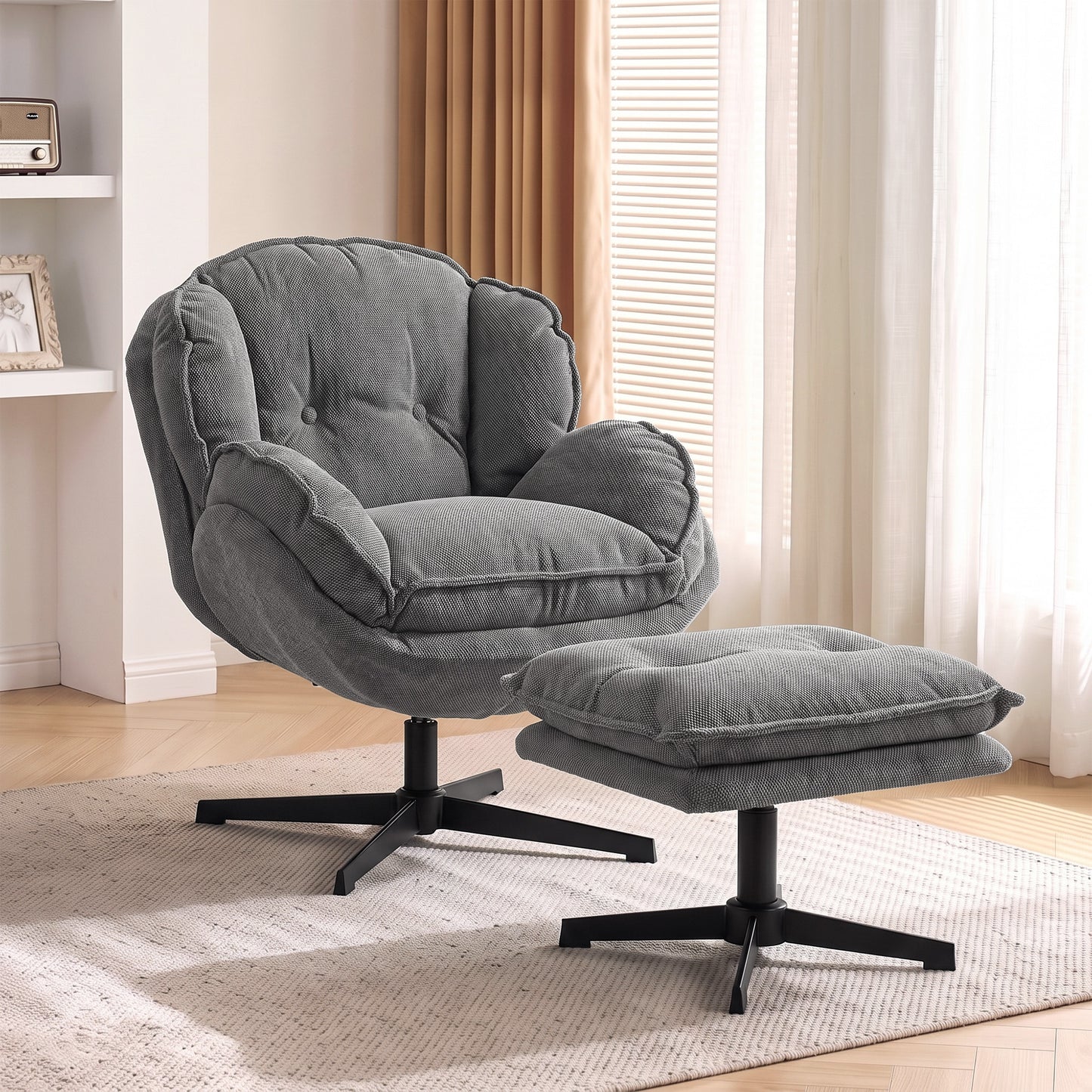 Homcom Grey Swivel Armchair With Adjustable Footstool And Plush Cloud Seat