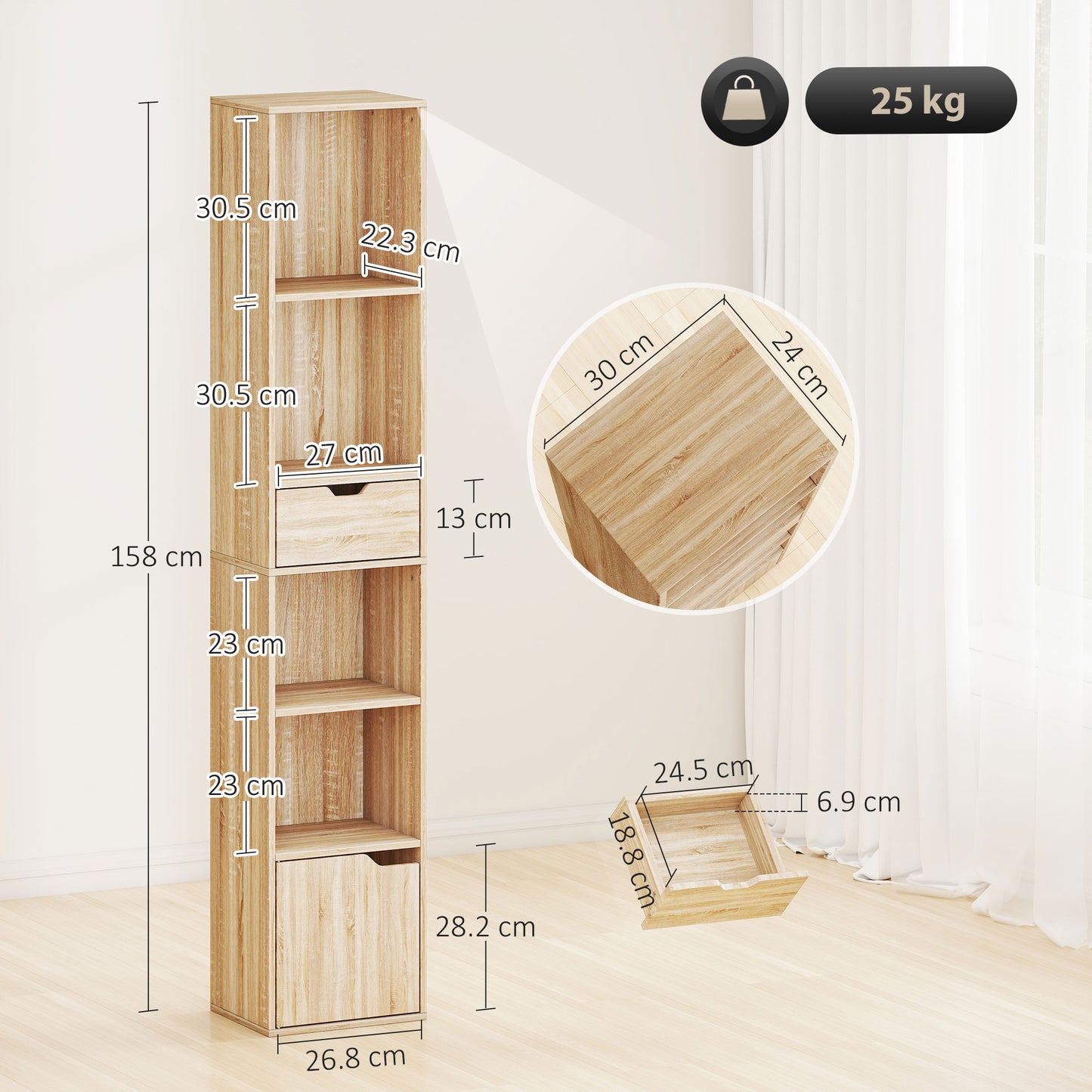 HOMCOM Six Tier Tall Narrow Bookcase With Drawer And Door Natural Wood Finish Durable Storage