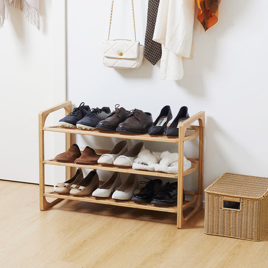 HOMCOM Three Tier Bamboo Shoe Rack With Slatted Shelves Free Standing Organizer For Nine Pairs Of Shoes Natural