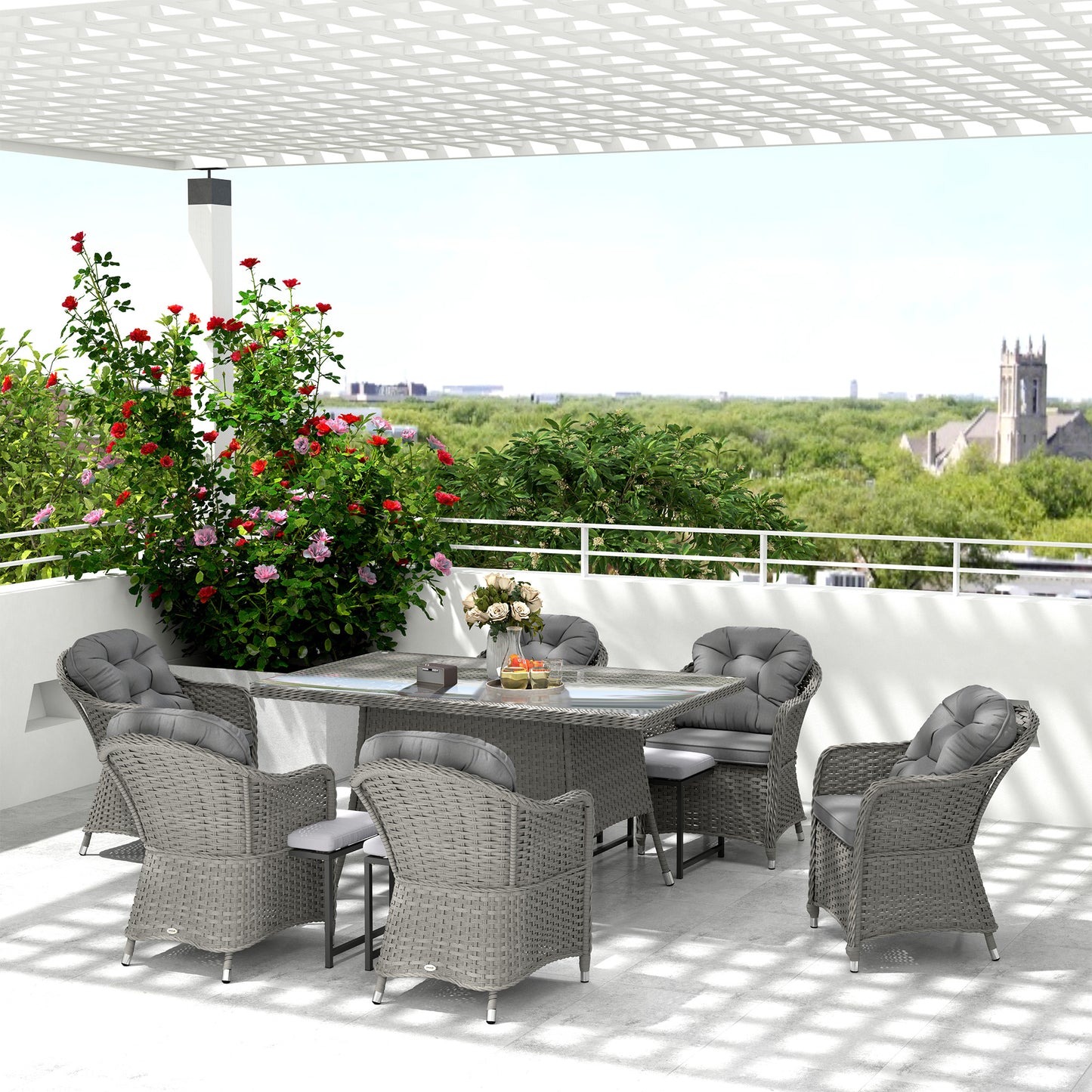 Outsunny Seven-Piece Rattan Dining Set With Six Chairs And Large Table In Light Grey