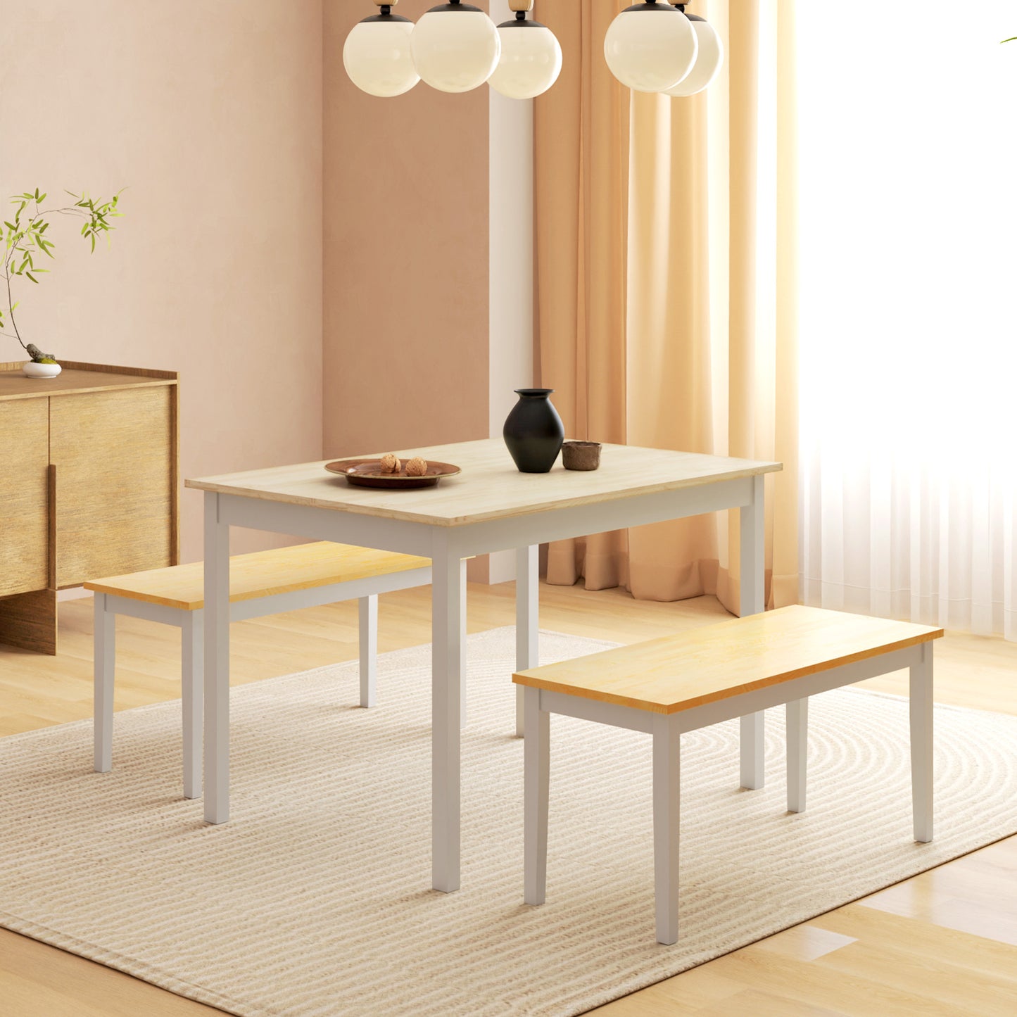 HOMCOM Farmhouse Dining Table and Bench Set with Pine Wood Frame Natural and White Finish for Kitchen and Dining Room