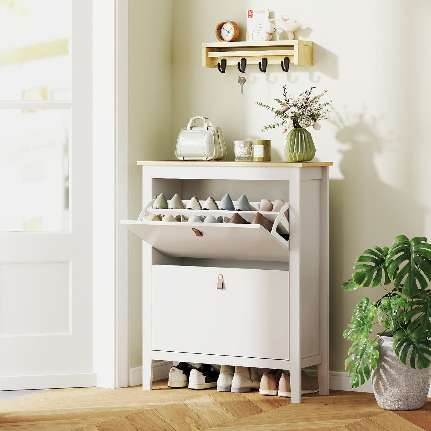 HOMCOM Modern Two Drawer Shoe Cabinet White Slim Shoe Storage For 14 Pairs UK Mens 9.5