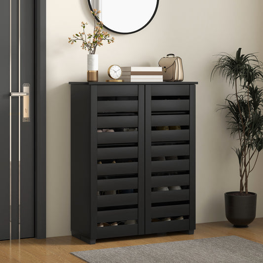 Homcom Narrow Shoe Cabinet For Entryway, Slim 5-Tier Storage With 2 Slatted Doors And Adjustable Shelves