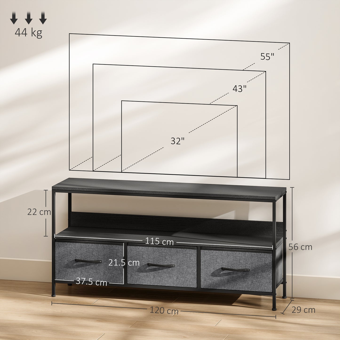 HOMCOM TV Stand Cabinet With Three Foldable Drawers Two Tone Design Black Finish