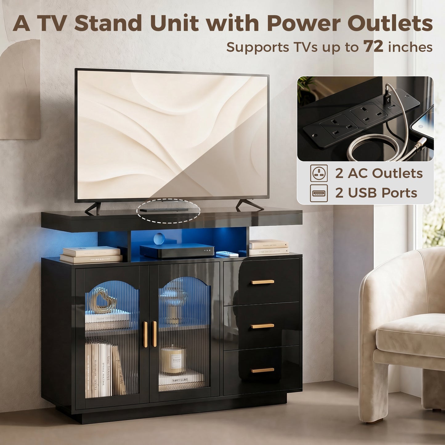 HOMCOM High Gloss Sideboard With LED Lights Built In Power Outlets 3 Drawers Shelves And 2 Acrylic Doors Black