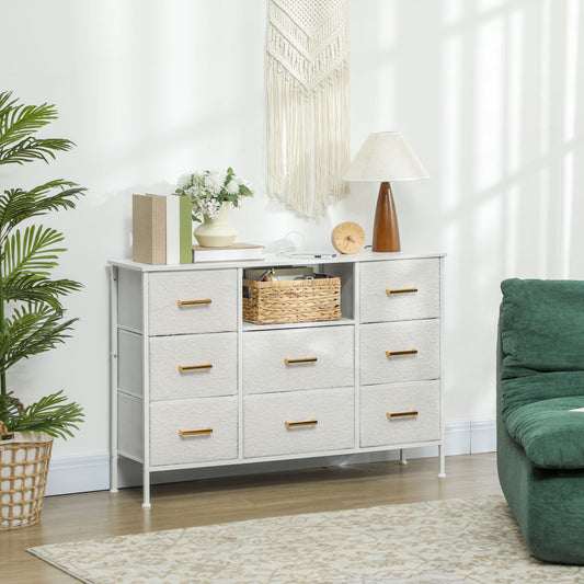 HOMCOM Boucle Chest Of Drawers With 8 Fabric Drawers And Charging Station 2 USB 2 AC Ports Steel Frame Cream White