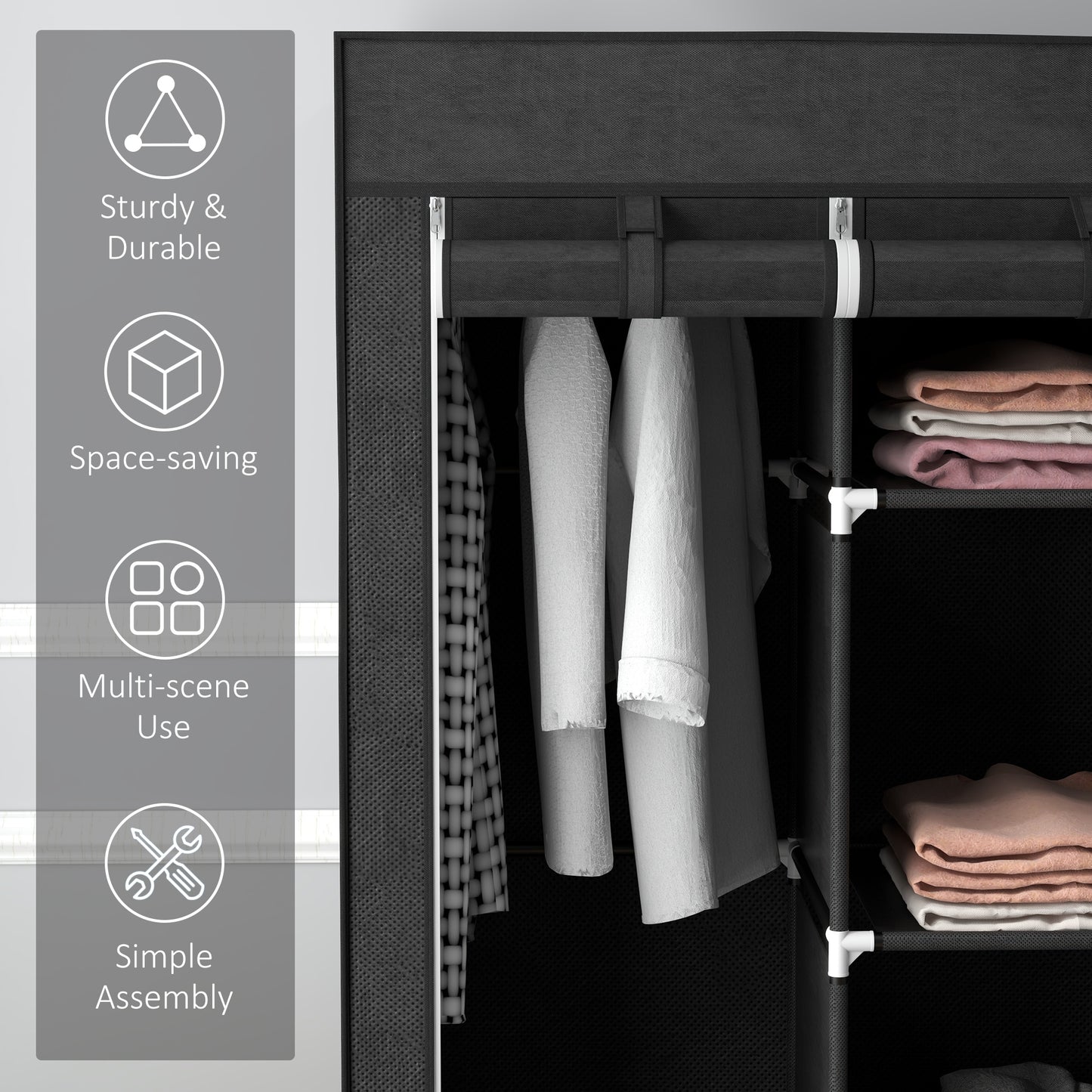 HOMCOM Foldable Fabric Wardrobe for Bedroom Portable with 5 Shelves 2 Hanging Rails and 3 Fabric Drawers Black