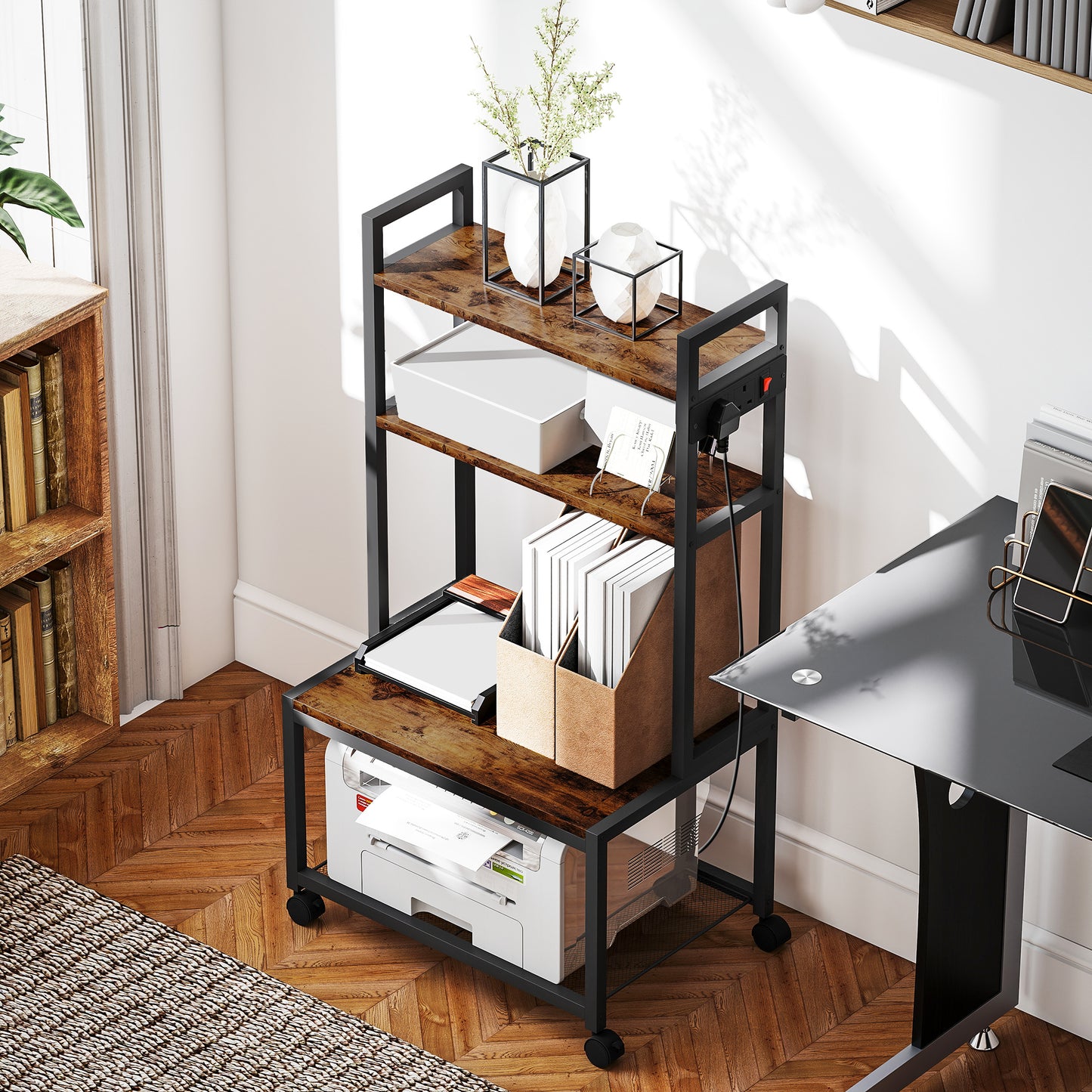 HOMCOM Four Tier Printer Stand With Power Outlets And Wheels Rustic Brown Storage Cart