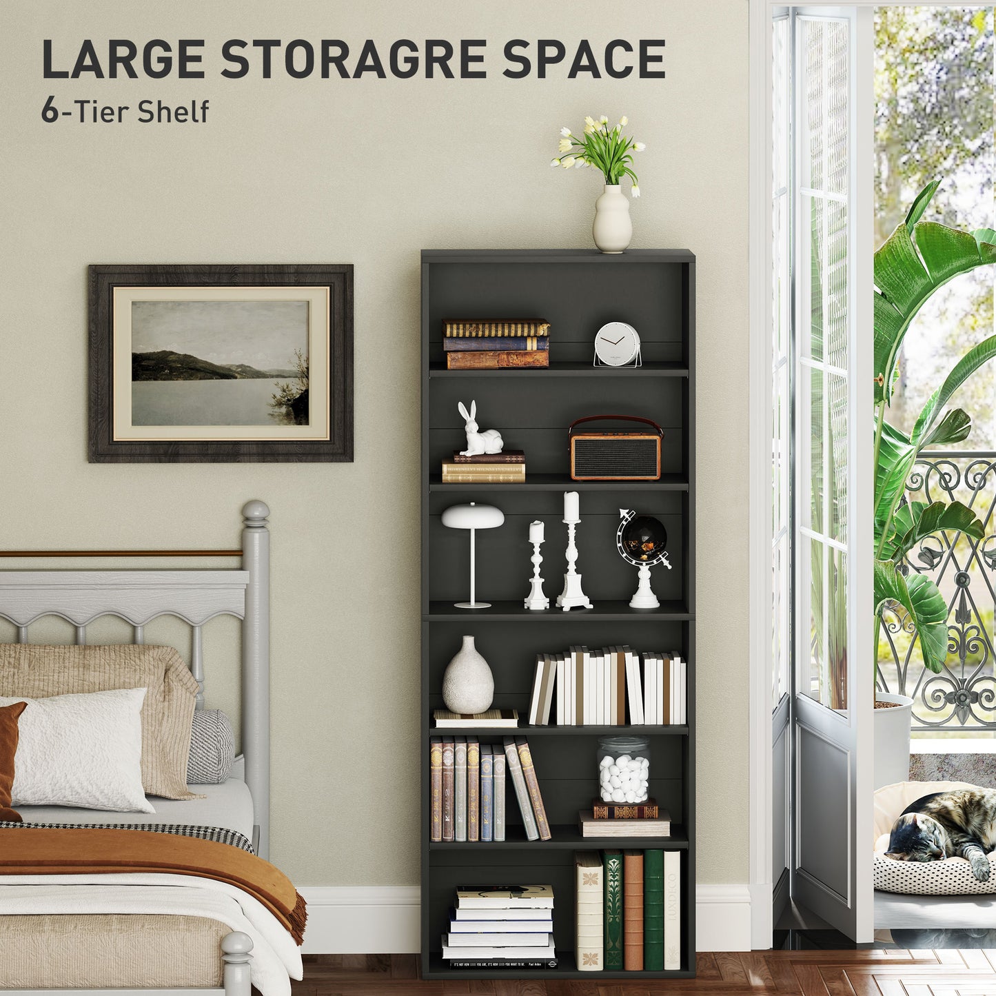 HOMCOM Six Shelf Bookcase Black With Four Adjustable Shelves And Six Open Compartments