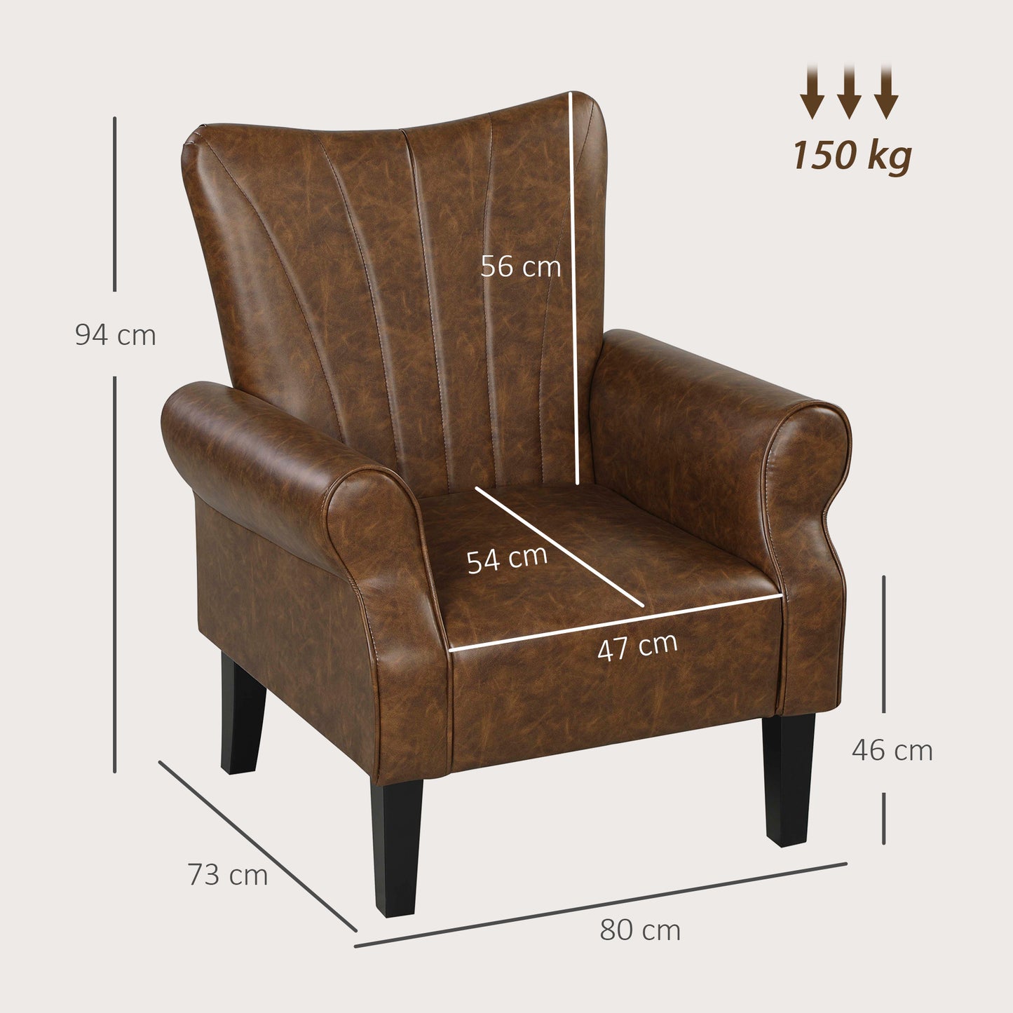 HOMCOM Upholstered Accent Chair With Rolled Arms And Wood Legs For Living Room And Bedroom Brown