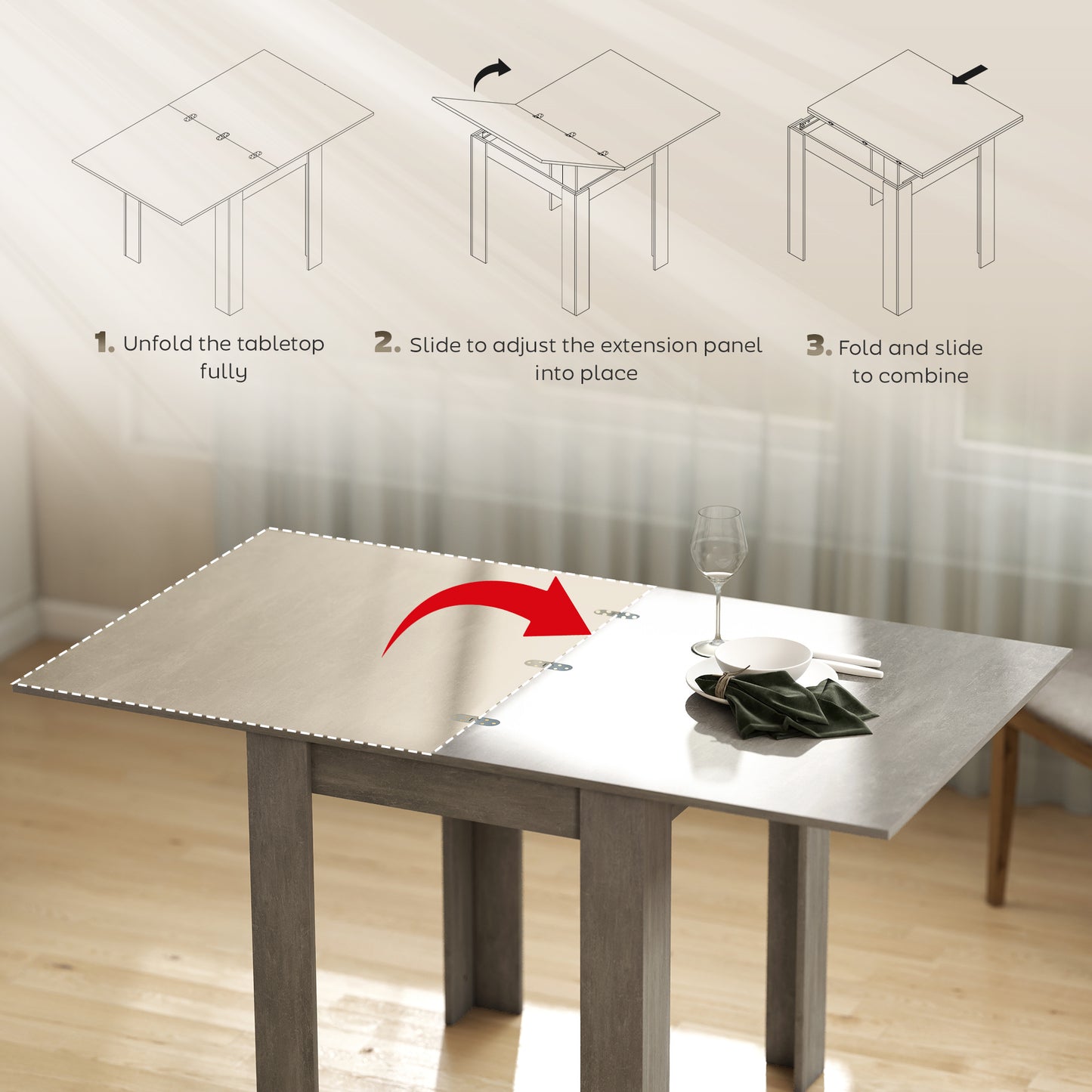 HOMCOM Extendable Folding Dining Table for 4 to 6 Guests, Rectangular Drop Leaf, 140 x 80 x 77.5 cm, Grey