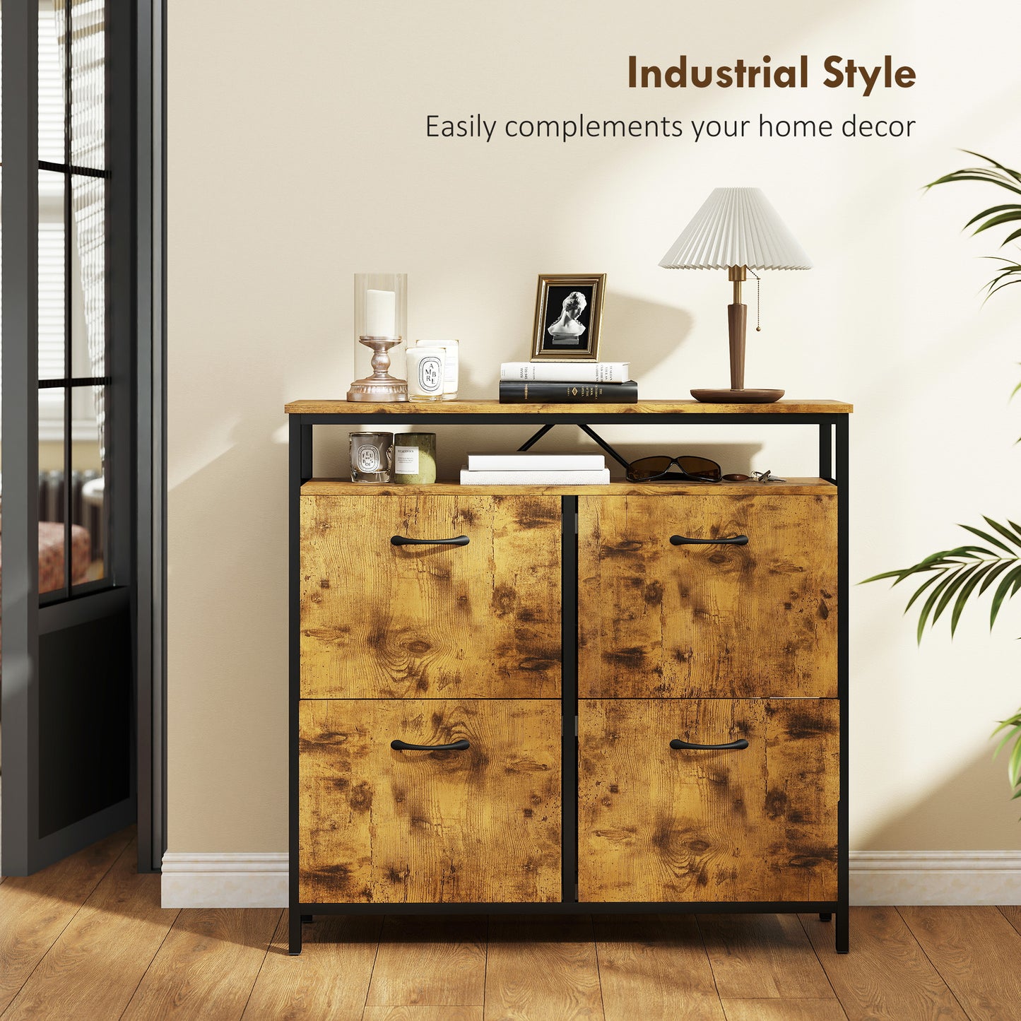 HOMCOM Rustic Brown Shoe Storage Cabinet With 4 Flip Drawers And Open Shelf Industrial Style