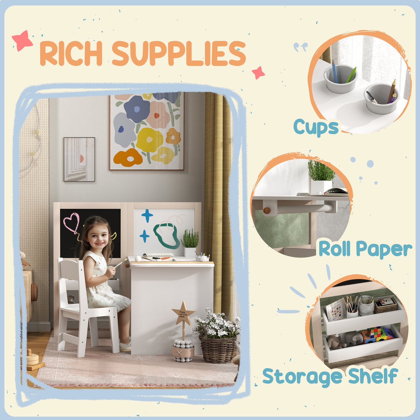 AIYAPLAY 3 In 1 Kids Table And Chair Set With Storage Whiteboard Blackboard And Roll Paper For Ages 3 To 8 White
