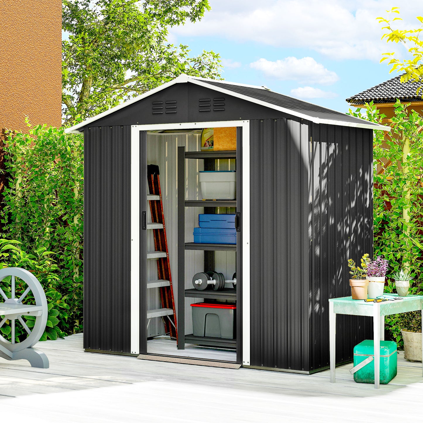 Outsunny Metal Garden Storage Shed Six And A Half By Three And A Half Feet Galvanised Steel Dark Grey