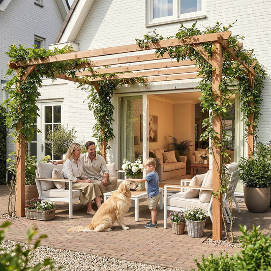 Outsunny 3x3m Wooden Pergola Kit Garden Gazebo Grape Trellis With Triangle Supports Five Beams Maple Wood Effect