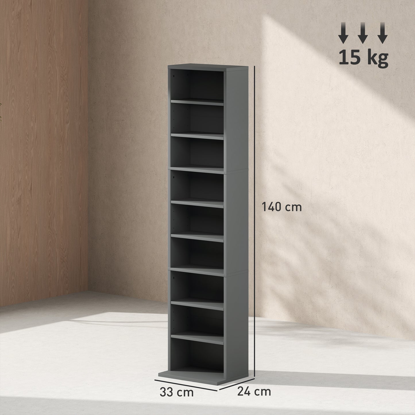 HOMCOM 260 Narrow CD Storage Unit Grey With Six Adjustable Shelves Holds 260 CDs And 120 DVDs