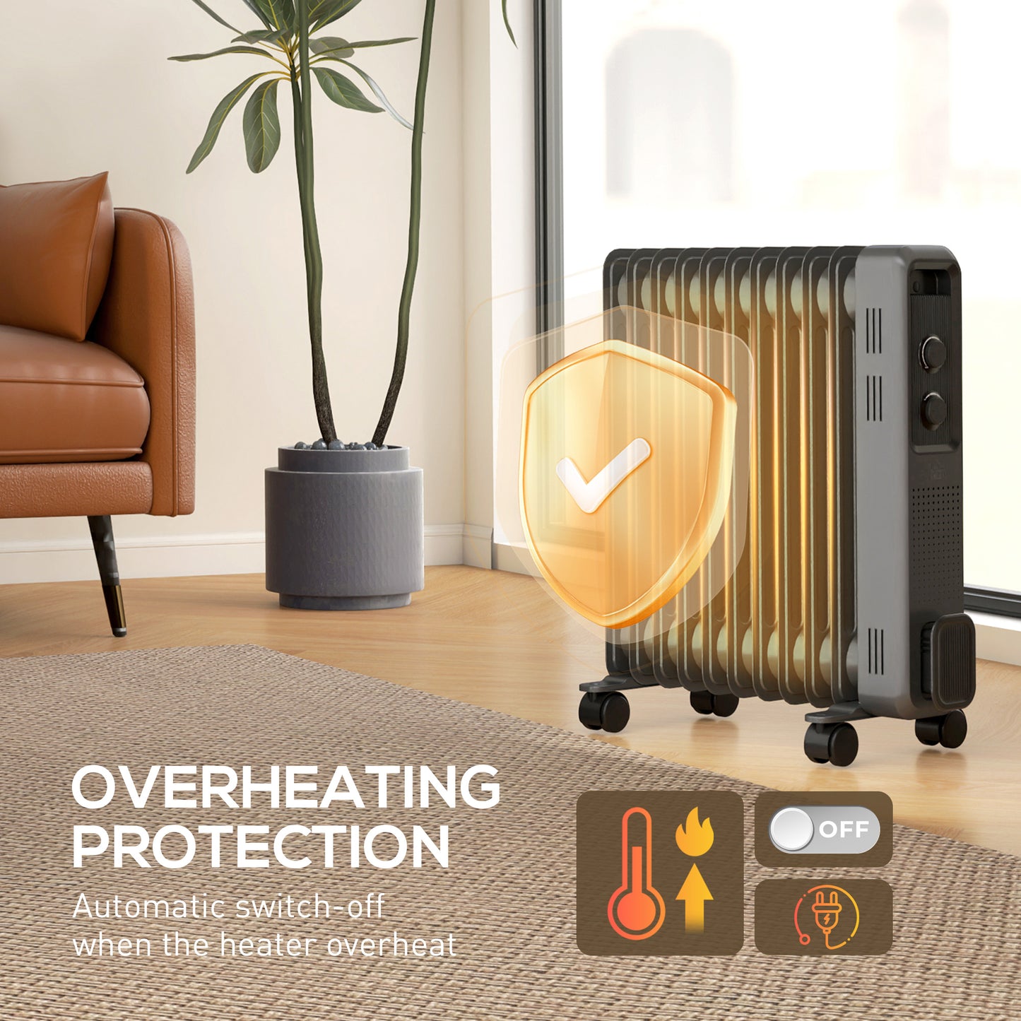 HOMCOM 2500W Oil Filled Radiator With 11 Fin Portable Electric Heater 3 Heat Settings Safety Cut Off And Wheels Grey