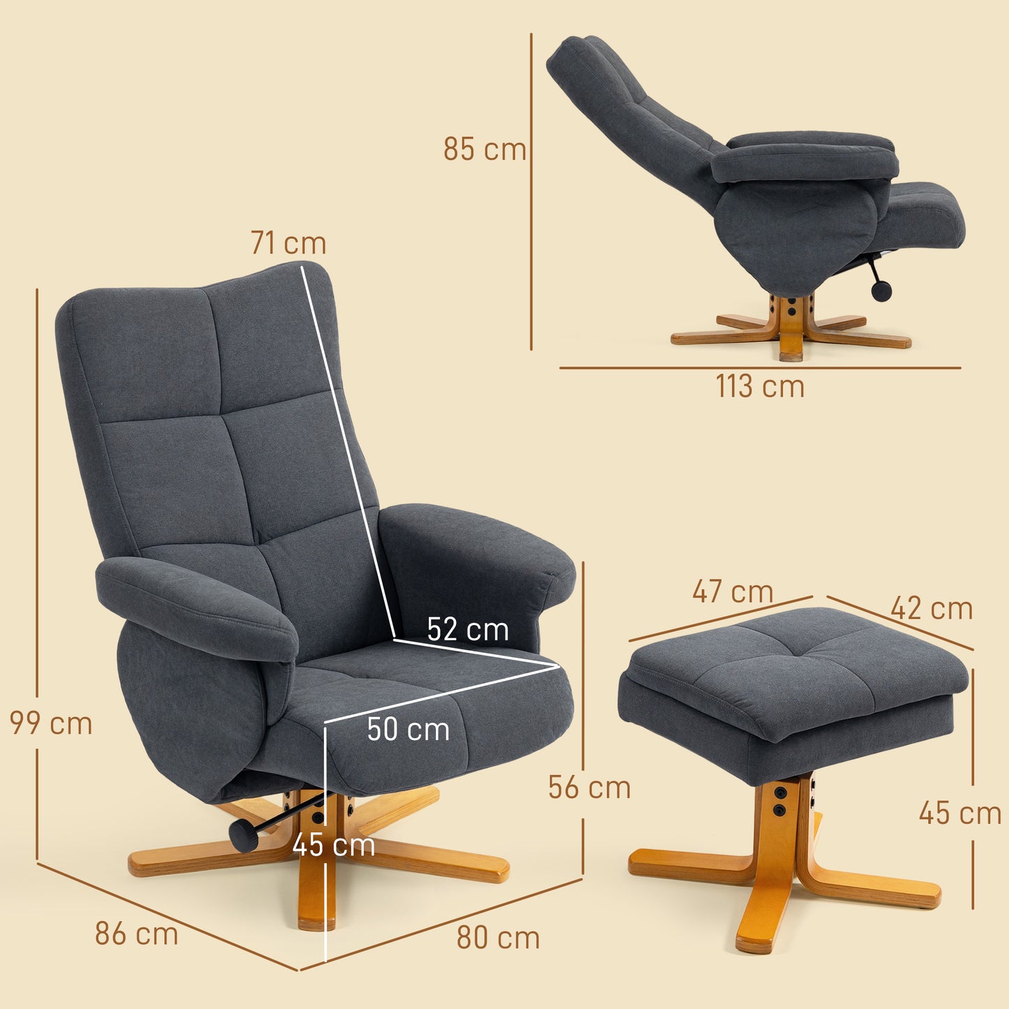 HOMCOM Linen Look Recliner With Hidden Storage Ottoman In Grey 145 Degree Recline And Wooden Base