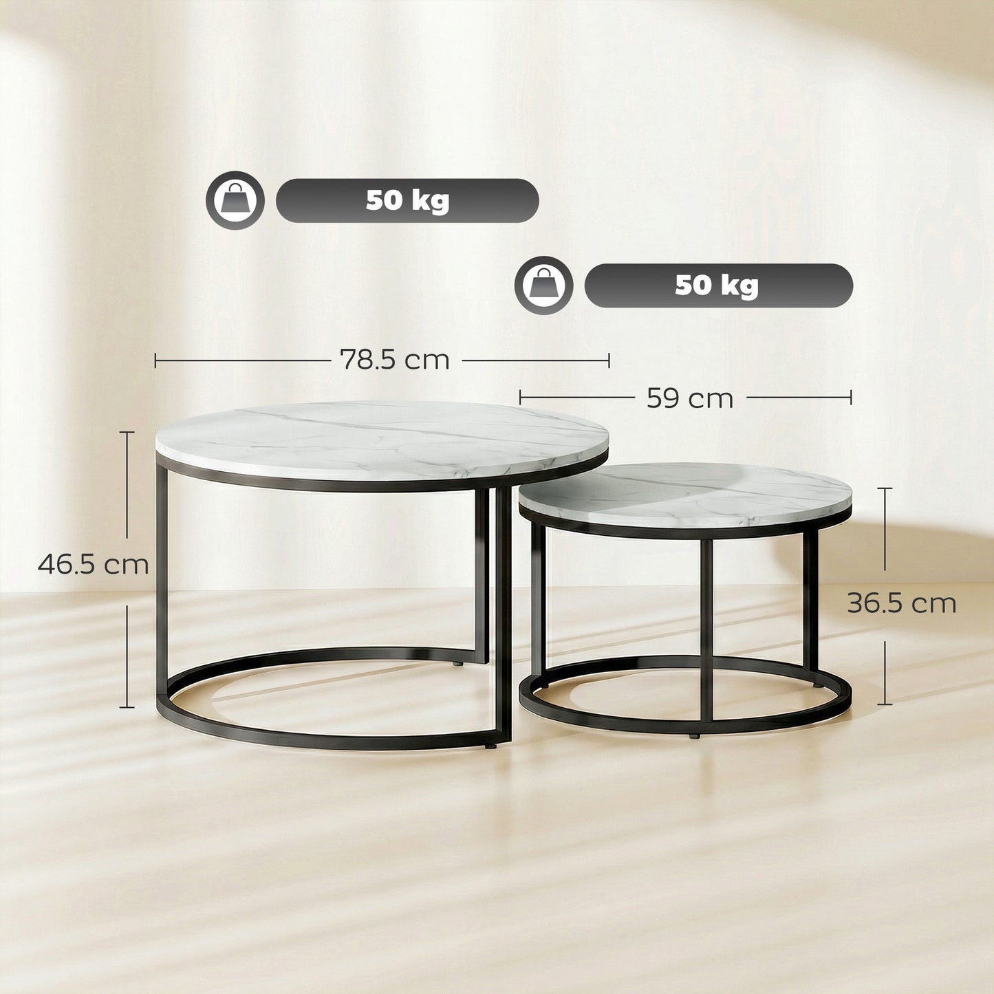 HOMCOM Marble Effect Stacking Tables Set Of Two White With Steel Bases For Space Saving Overlapping Design
