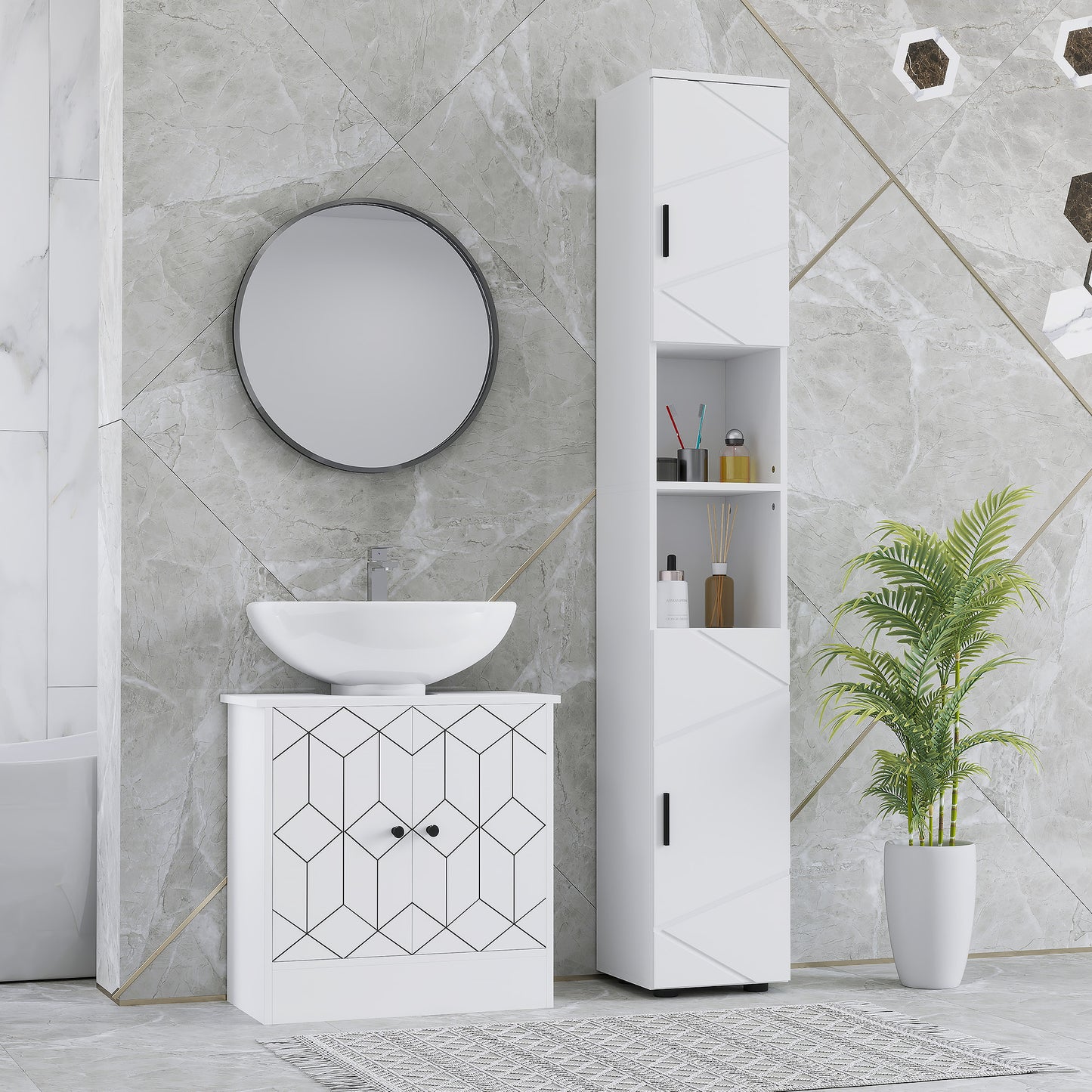 Kleankin Line Embossed Tall Corner Slim Bathroom Storage Cabinet White Finish Fits Narrow Spaces