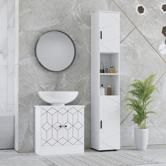 Kleankin Line Embossed Tall Corner Slim Bathroom Storage Cabinet White Finish Fits Narrow Spaces