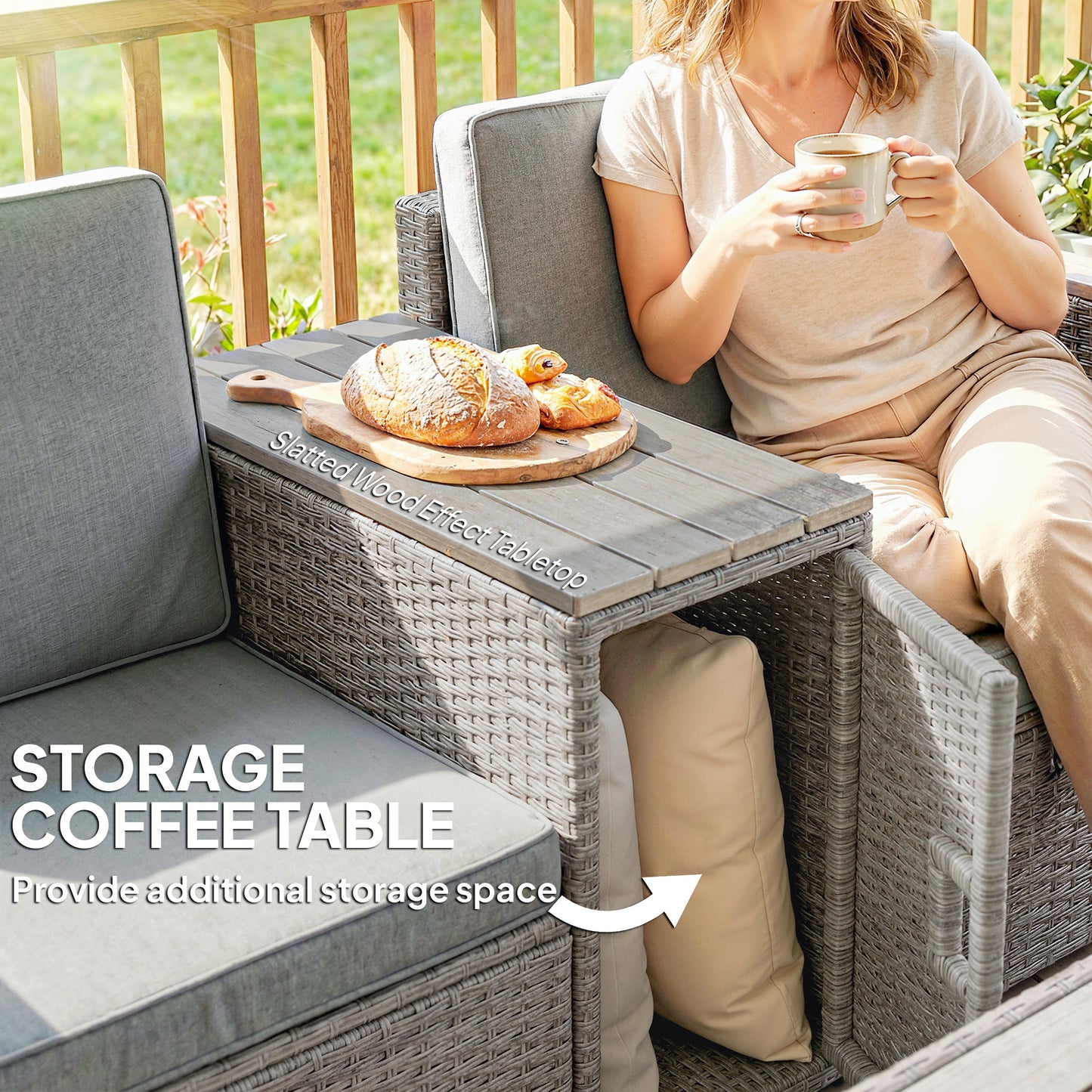 Outsunny 5 Piece Rattan Garden Furniture Set with Storage Table Cushions and Footstools in Dark Grey for Outdoor Patio