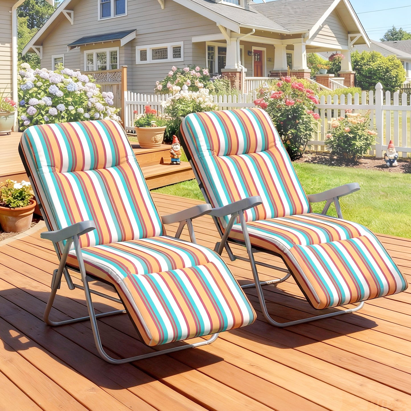 Outsunny Set Of 2 Foldable Patio Sun Loungers With Adjustable Backrests And Cushions Multicoloured