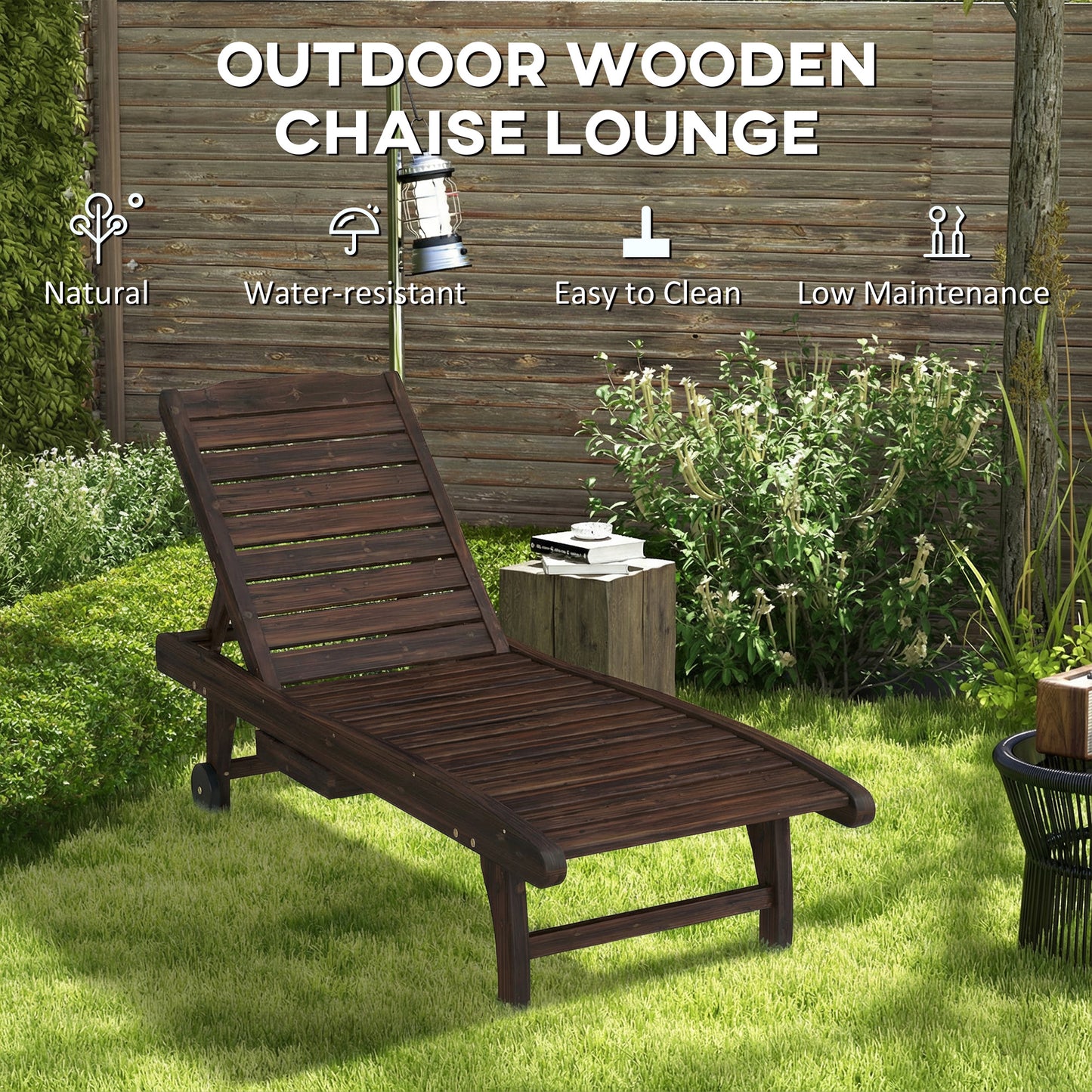 Outsunny Outdoor Wooden Sun Lounger With Built In Table Carbonised Finish Three Position Backrest And Side Tray