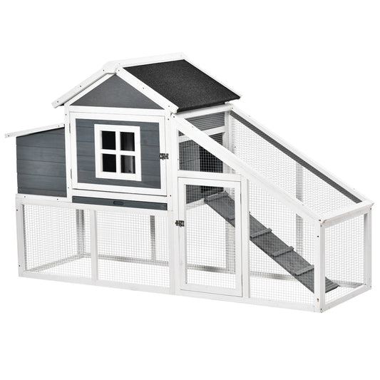 PawHut Wooden Hen House Chicken Coop with Outdoor Run and Nesting Box, 176 x 66 x 110cm, Grey and White - ALL4U RETAILER LTD