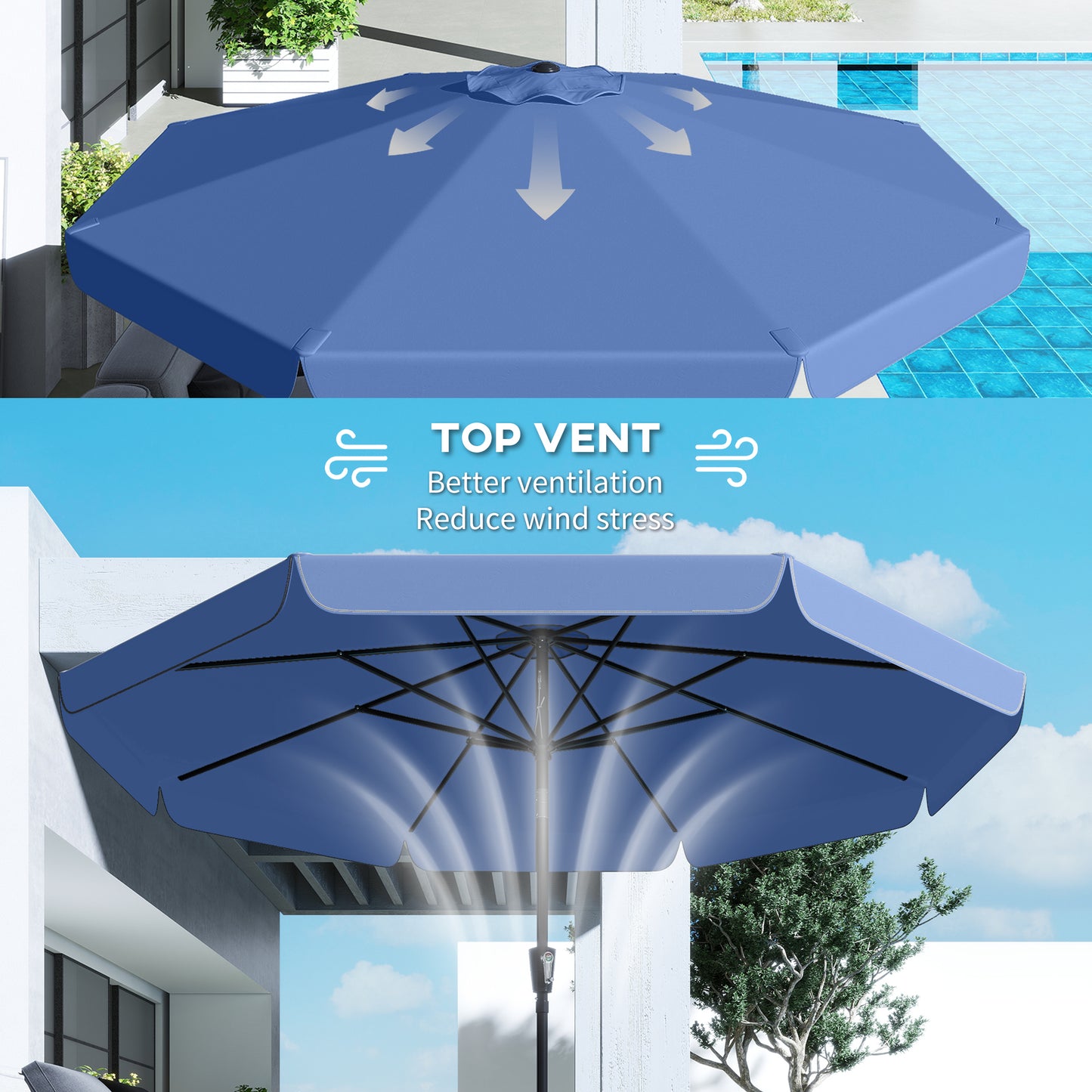 Outsunny 3 Meter Garden Parasol With Tilt Mechanism And Crank Handle UPF 30 Patio Umbrella For Outdoor Tables Dark Blue