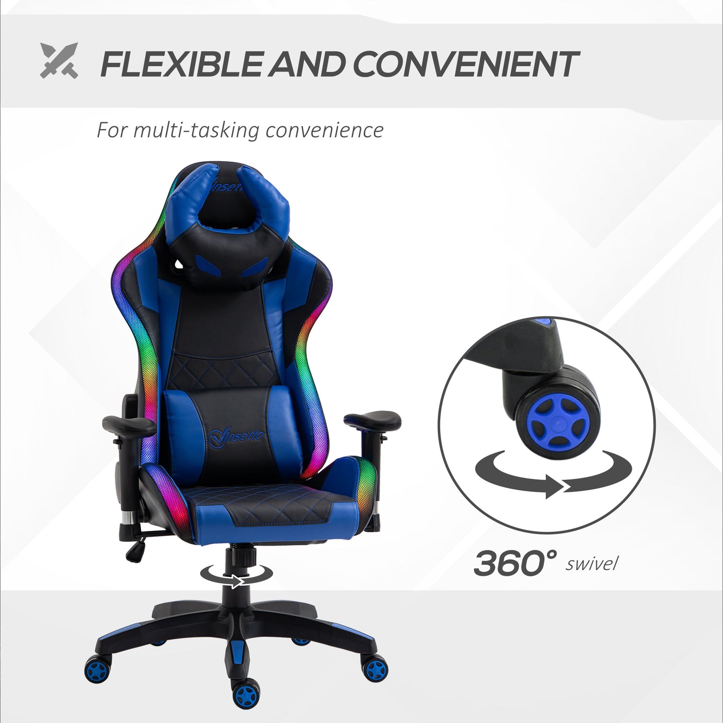 Vinsetto High Back Racing Gaming Chair with RGB LED Lights, Adjustable Lumbar Support, and Swivel Mobility for Home Office - ALL4U RETAILER LTD