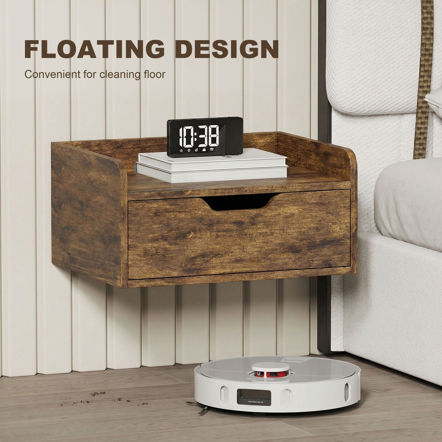 HOMCOM Floating Nightstands Set of 2 Wall Mounted Bedside Tables with Drawers Rustic Brown