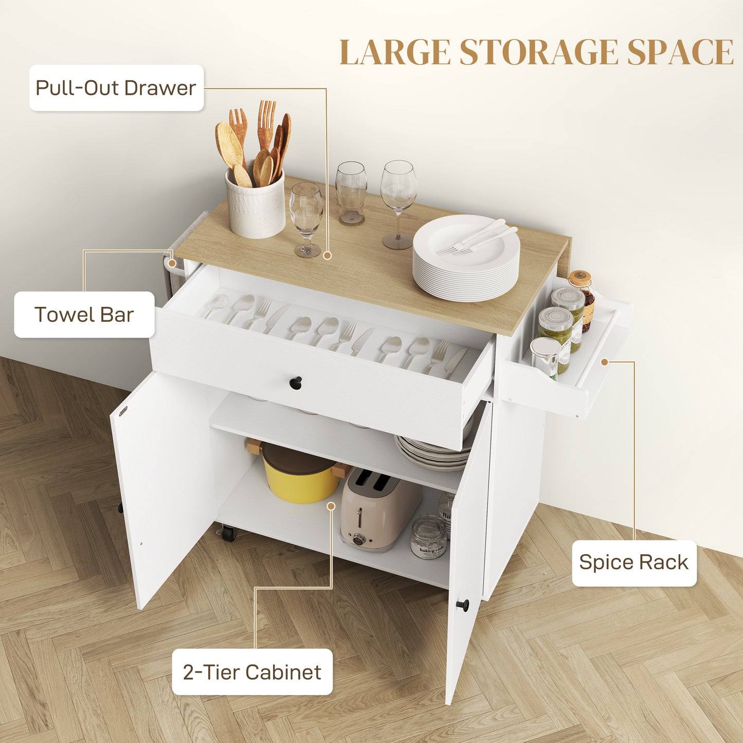HOMCOM Rolling Kitchen Island With Drop Leaf And Extendable Counter White Cart With Drawer Spice Rack And Towel Rack
