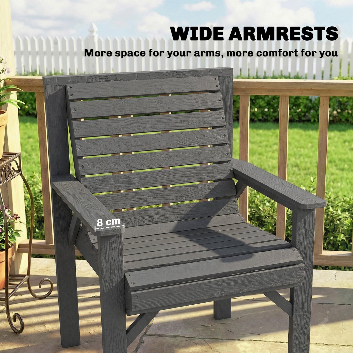 Outsunny Wooden Garden Dining Chair Outdoor Armchair With Curved Seat And Wide Armrests Grey Embossed Finish