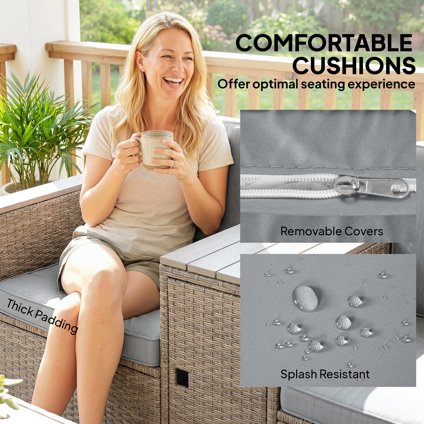 Outsunny 5 Piece Rattan Garden Furniture Set with Storage Table Cushions and Footstools in Dark Grey for Outdoor Patio