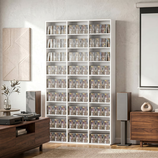 White media storage cabinet with open front compartments and adjustable shelving for discs