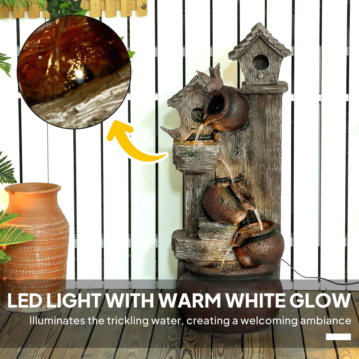 Outsunny 2 In 1 Waterfall Fountain With Birdhouse Resin Garden Water Feature LED Lights Pump Tree Trunk Design