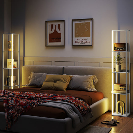 HOMCOM RGB LED Floor Lamp With Shelves Oak Dimmable Standing Lamp With Remote Control