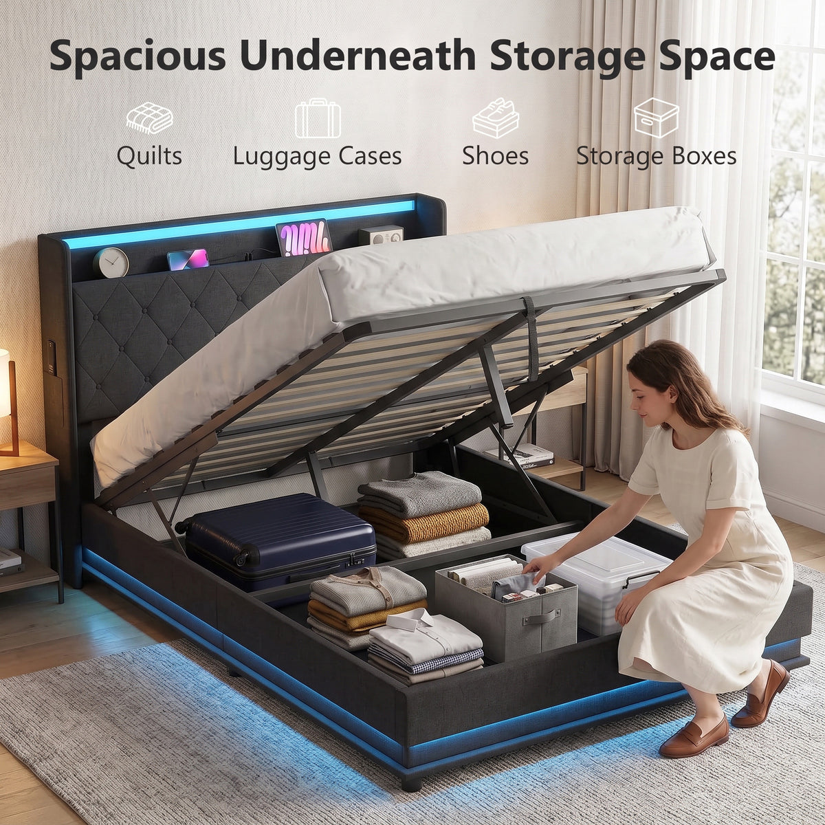 Homcom Double Bed Frame With Hydraulic Storage Led Lights Usb Charging Black