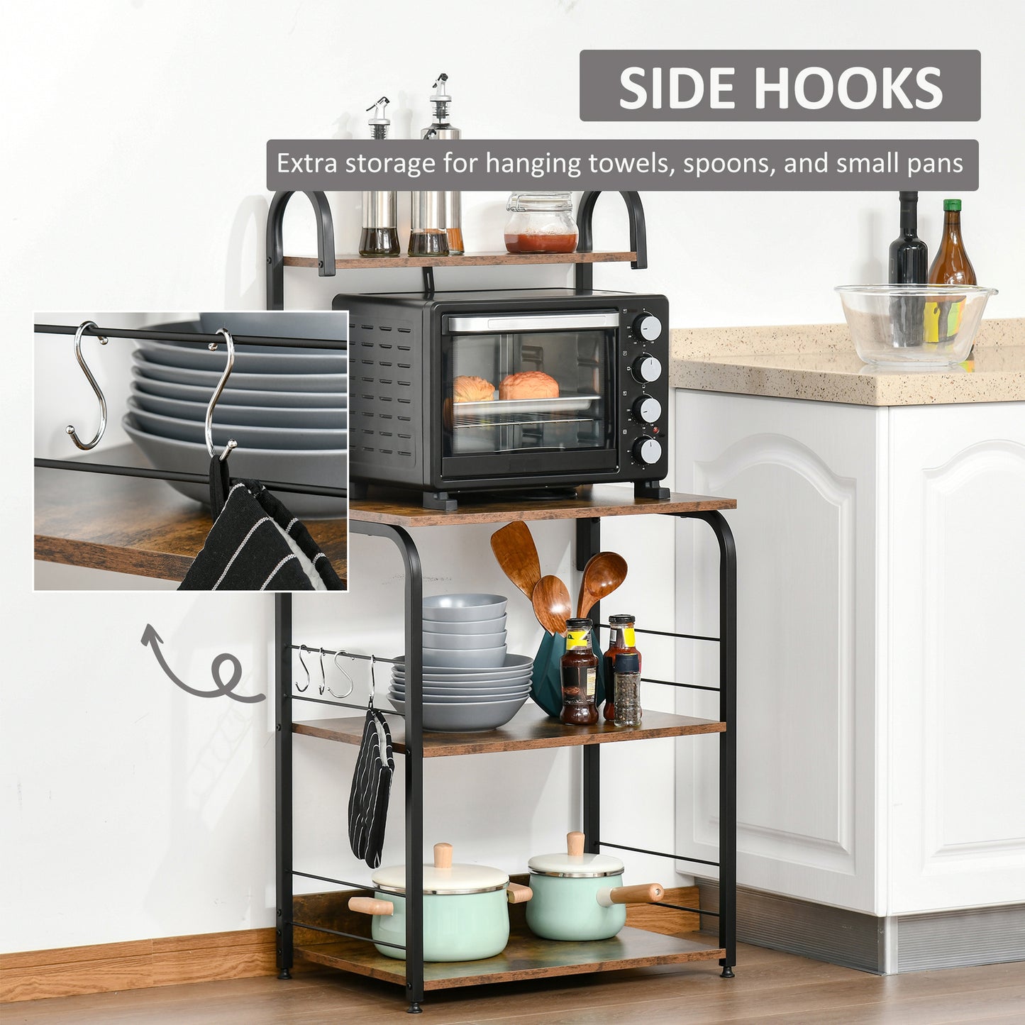 HOMCOM 4 Tier Baker Rack Microwave Stand With 4 Hooks Kitchen Storage Unit For Spices Pots And Pans Rustic Brown