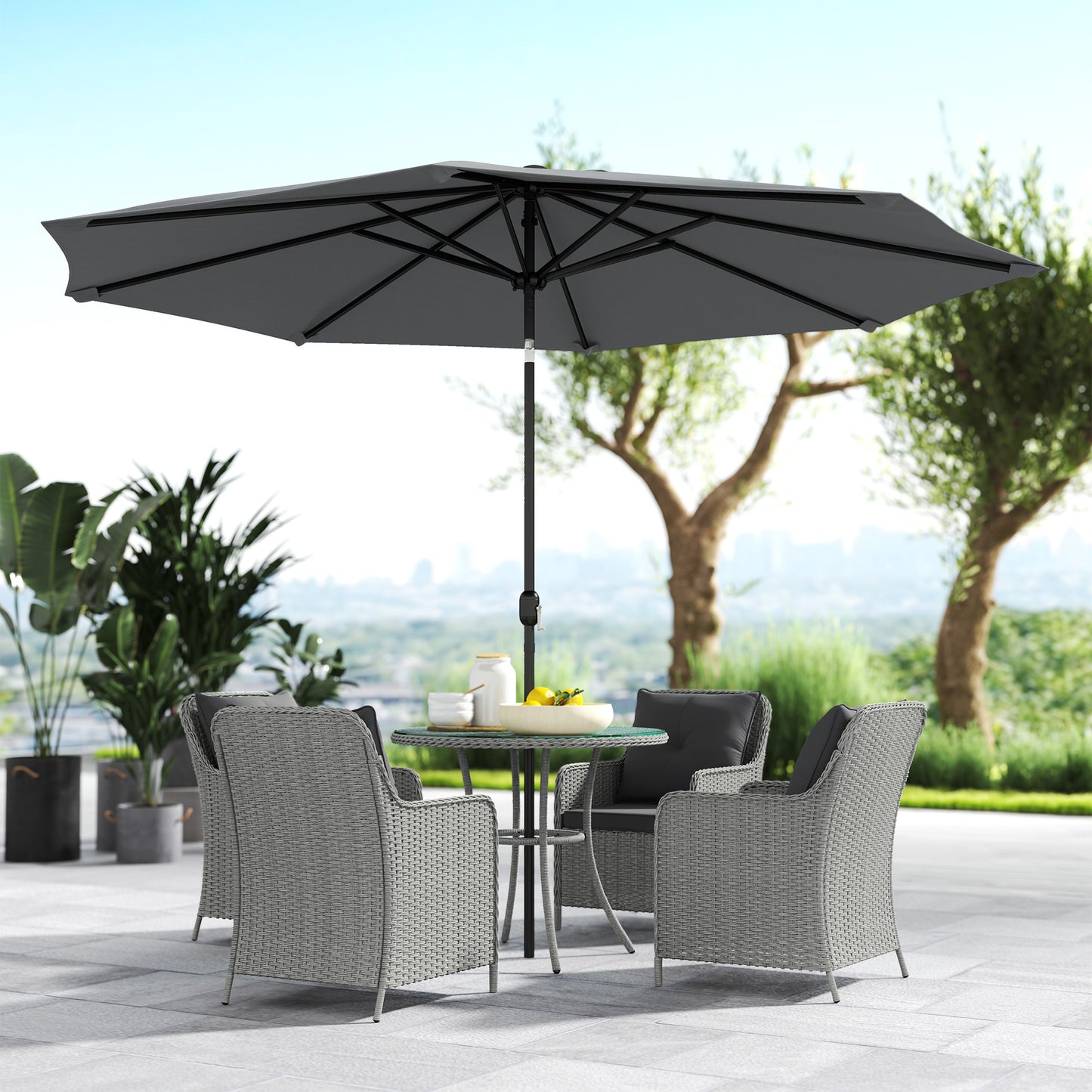 Outsunny 4 Seater Rattan Outdoor Dining Set With Round Table Parasol And Cushions Light Grey