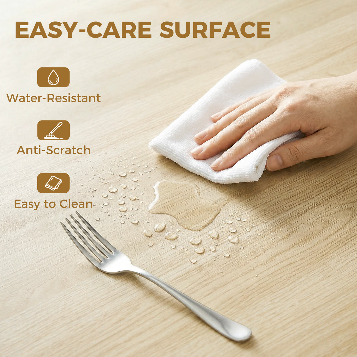 Light wood dining table surface with cloth wipe and fork on top