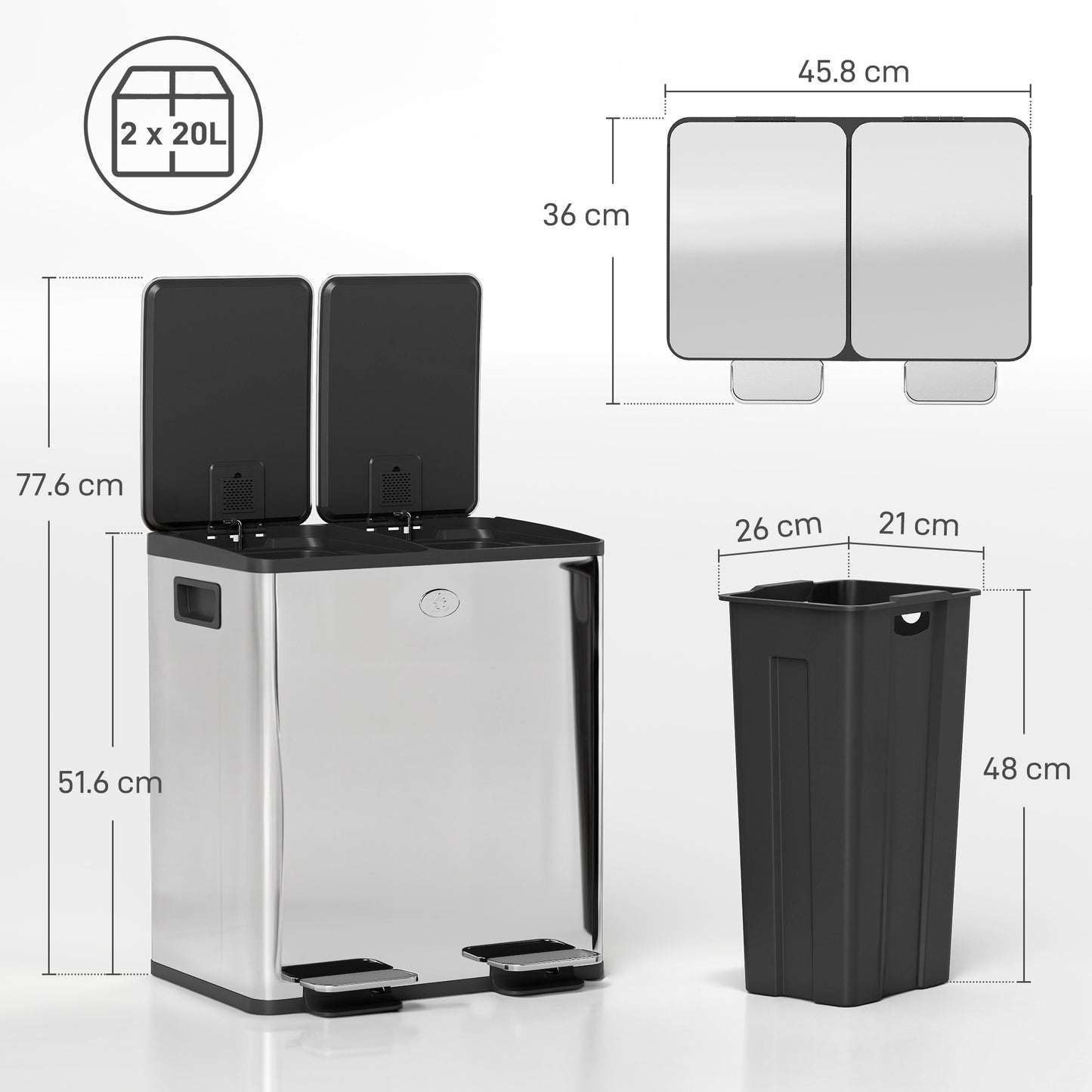 Homcom 40L Dual Compartment Stainless Steel Bin With Deodoriser Holders Silver Tone Kitchen Waste Bin
