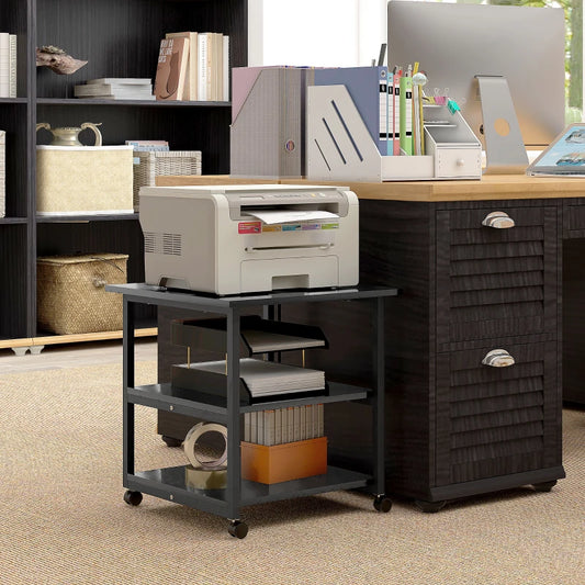 HOMCOM Three-Tier Mobile Steel Printer Stand with Wheels – Black Office Organizer - ALL4U RETAILER LTD